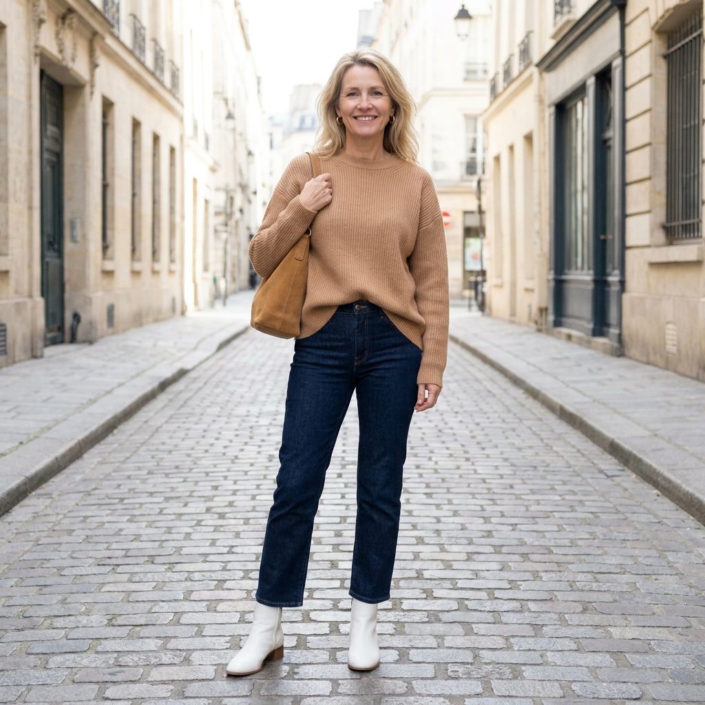 Woman in dark cropped jeans and a camel knit wearing bright white ankle boots that create strong contrast at the ankle.