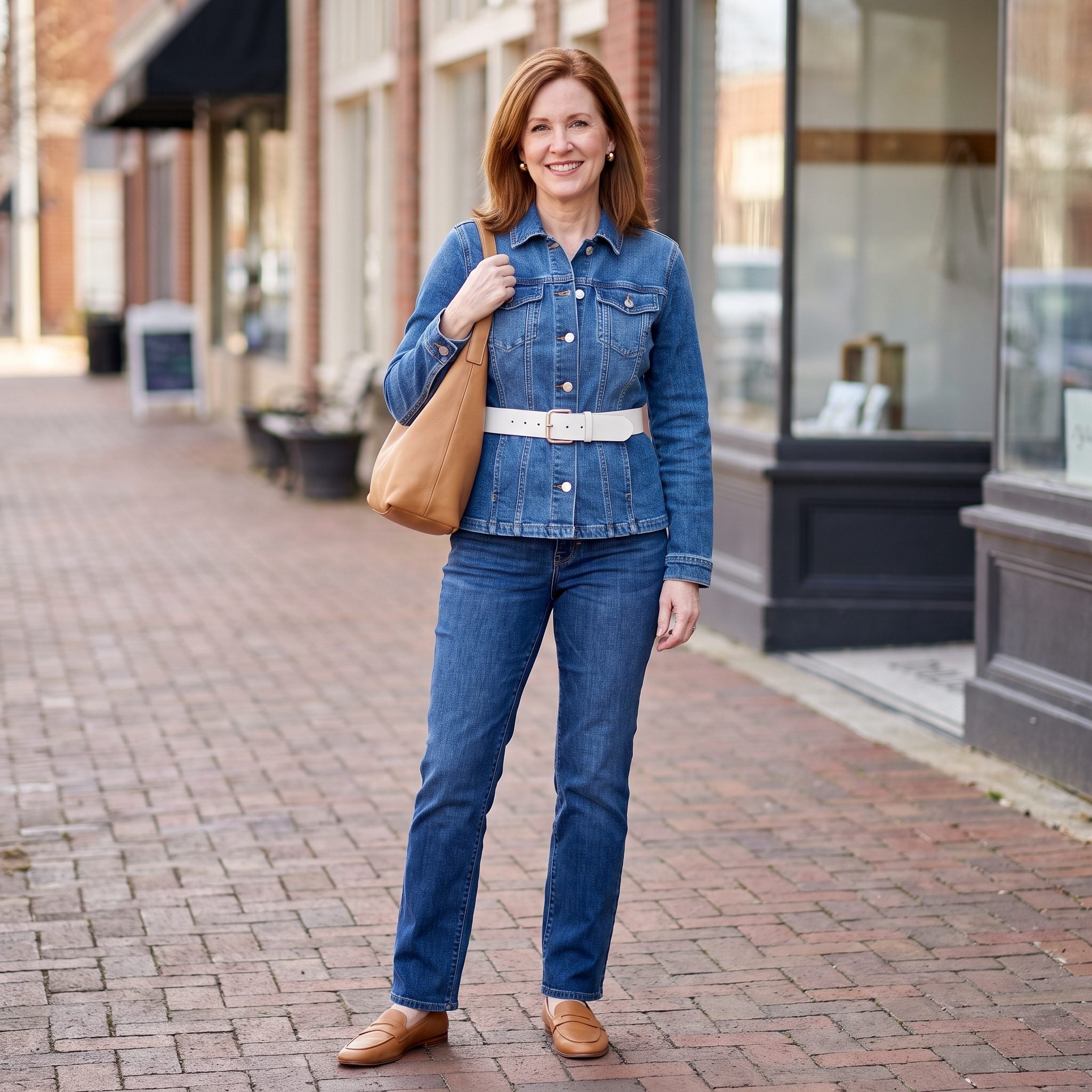 American woman in a mid-blue denim jacket and indigo jeans with a wide white belt cinched over the closed jacket at the waist.