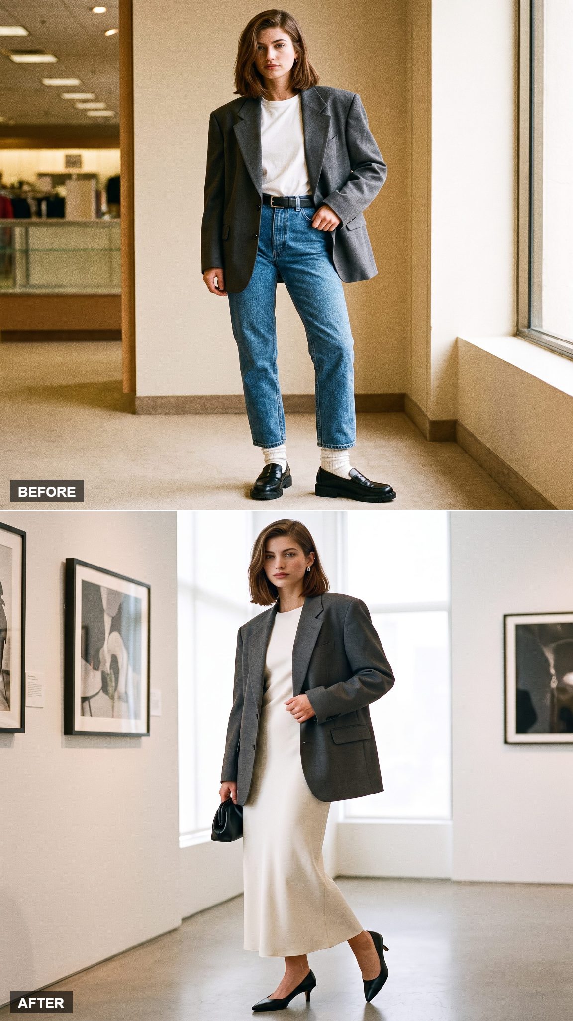 White Column Dress Under the Old Blazer