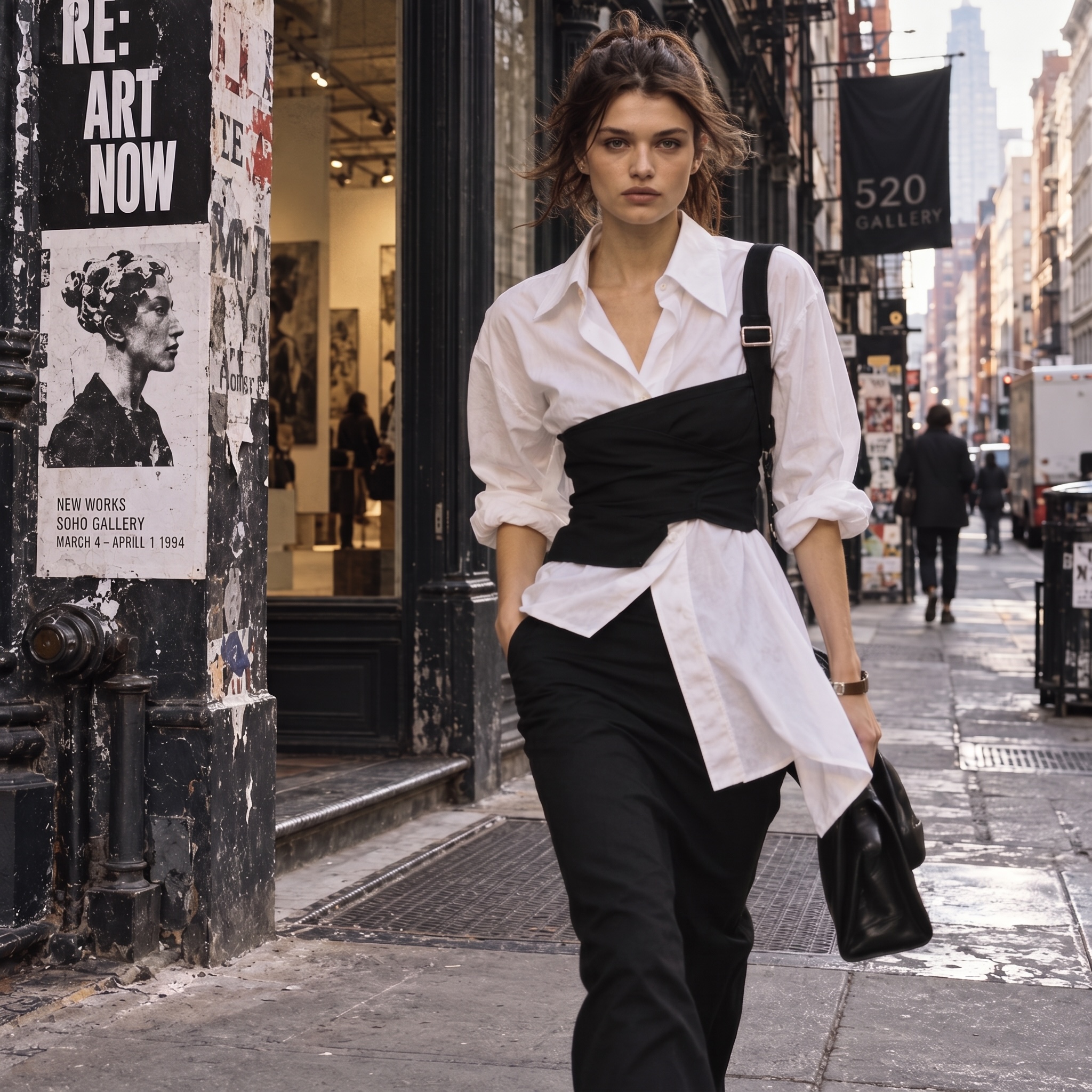 1990s-inspired experimental fashion featuring a woman outside an urban art gallery wearing an asymmetric black wrap layered over a white shirt with black trousers