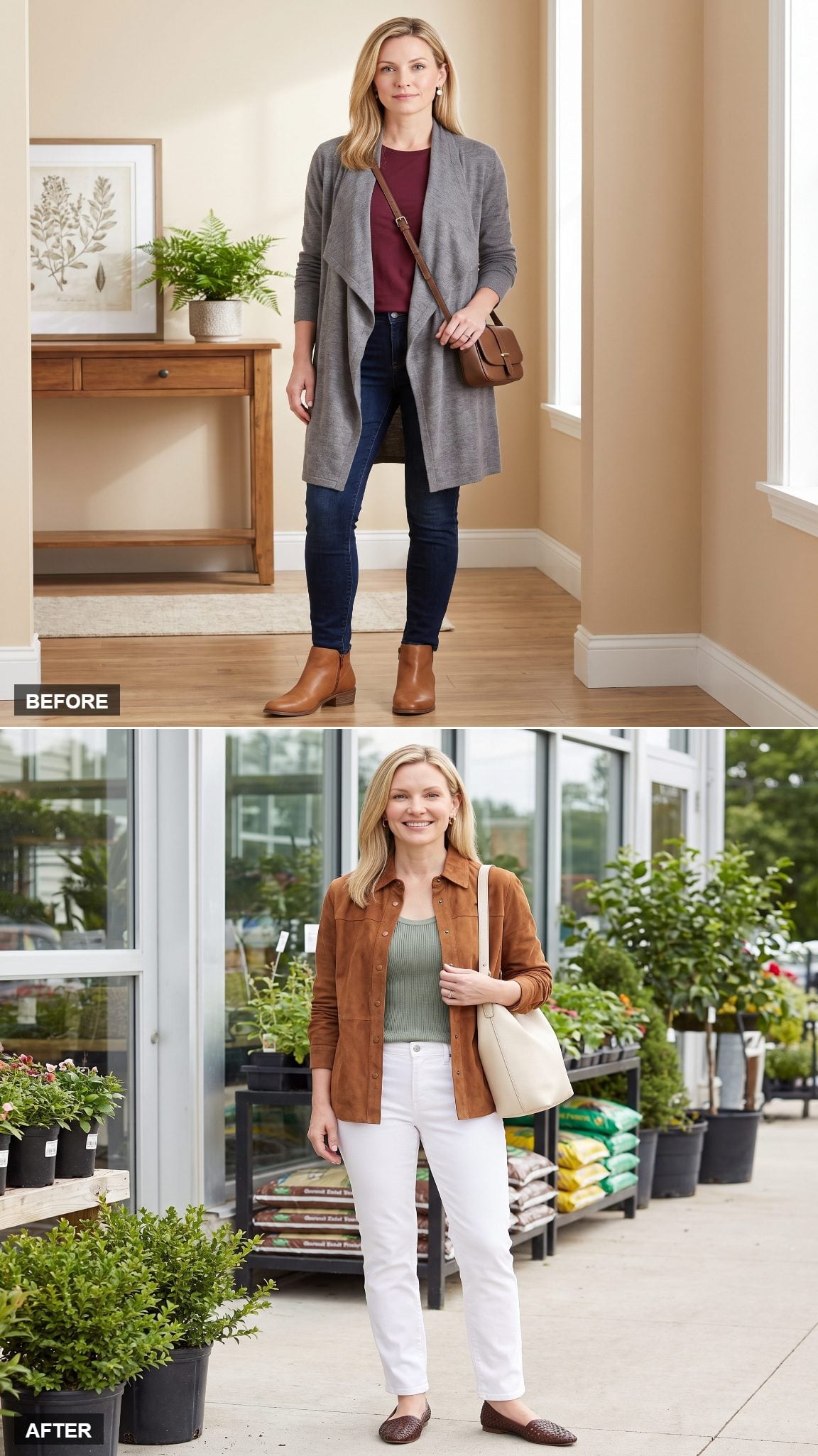 White Jeans, Suede, and a Sage-Green Anchor