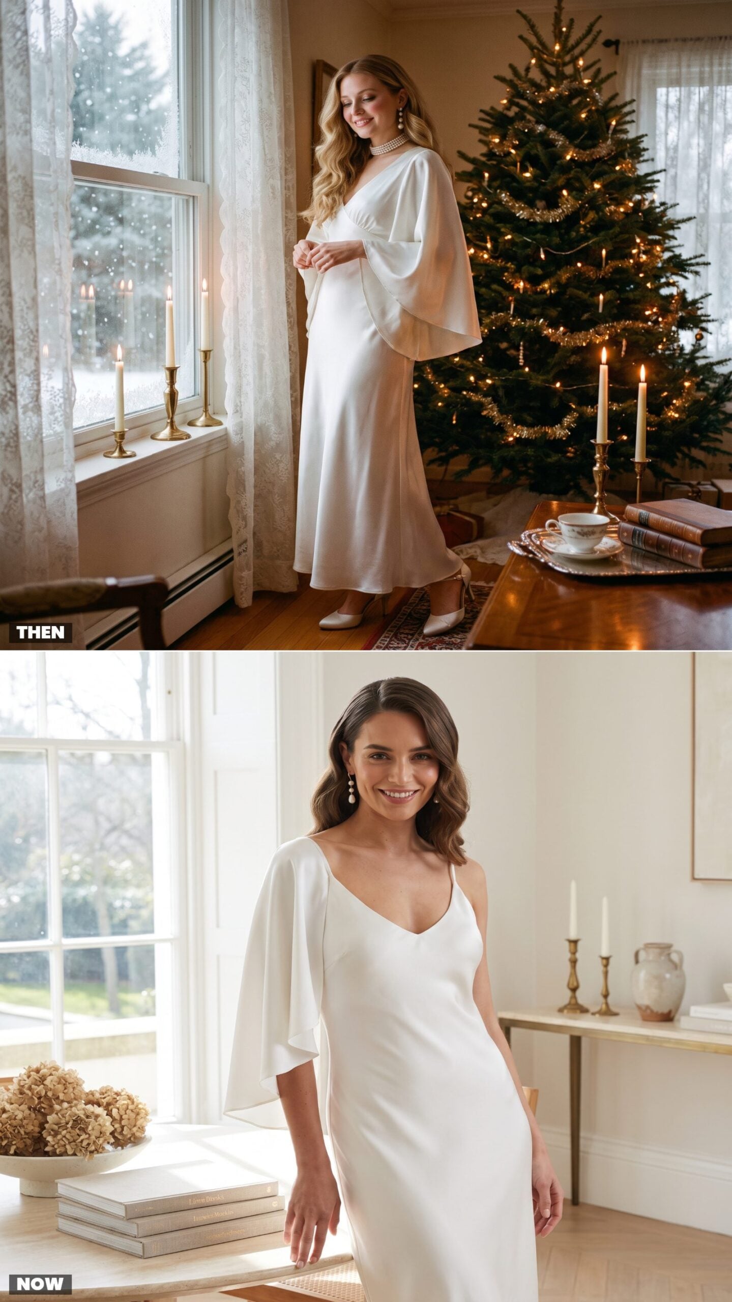 The White Satin Angel-Sleeve Dress