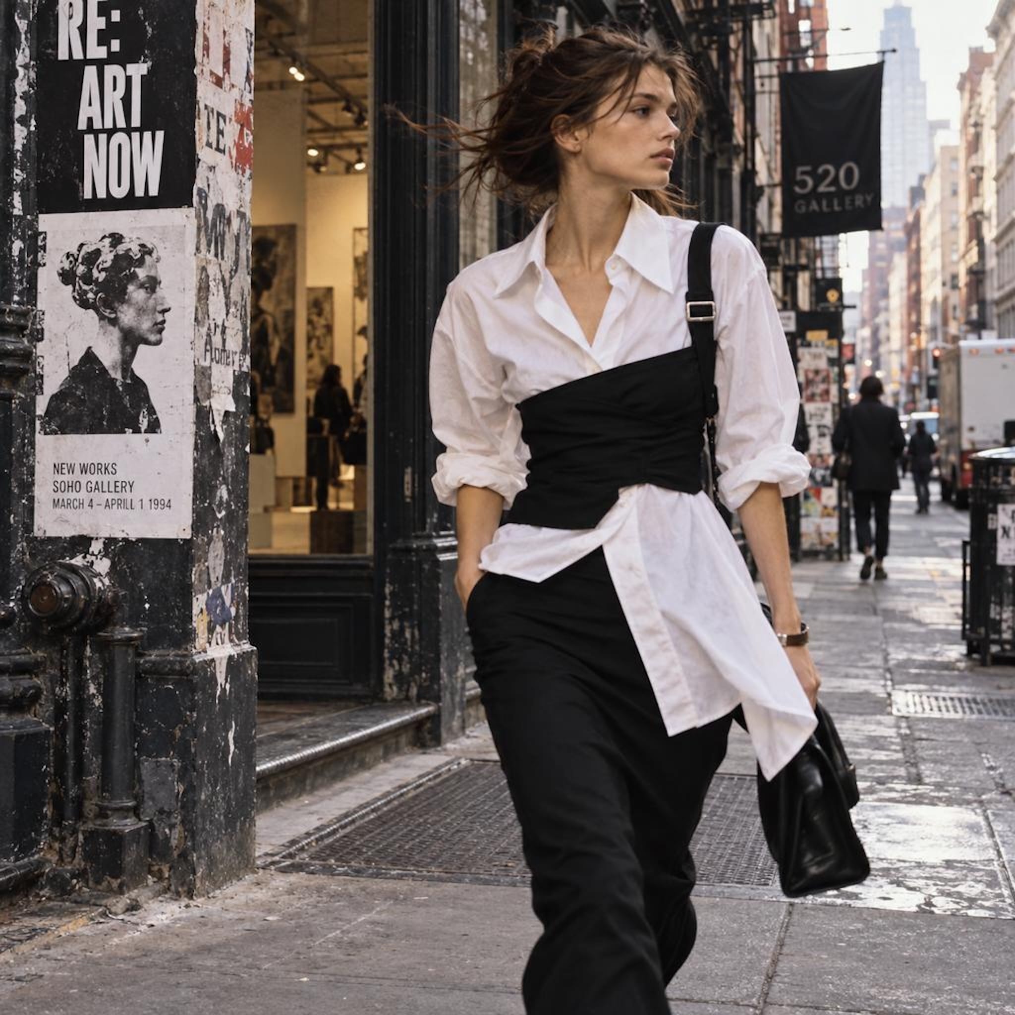 Woman wearing a white shirt with an asymmetric black wrap and black trousers on a New York City street