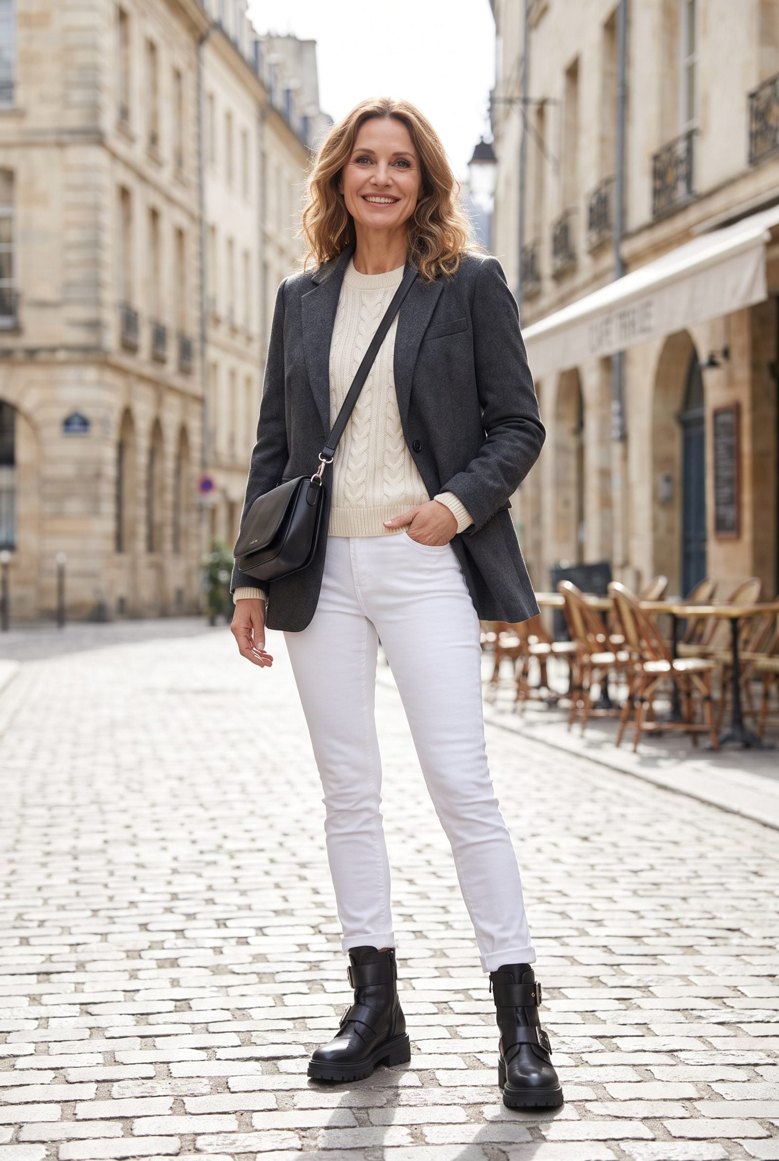 Woman in white skinny jeans and camel sweater with heavy black combat boots ending the pale leg in a dark block.