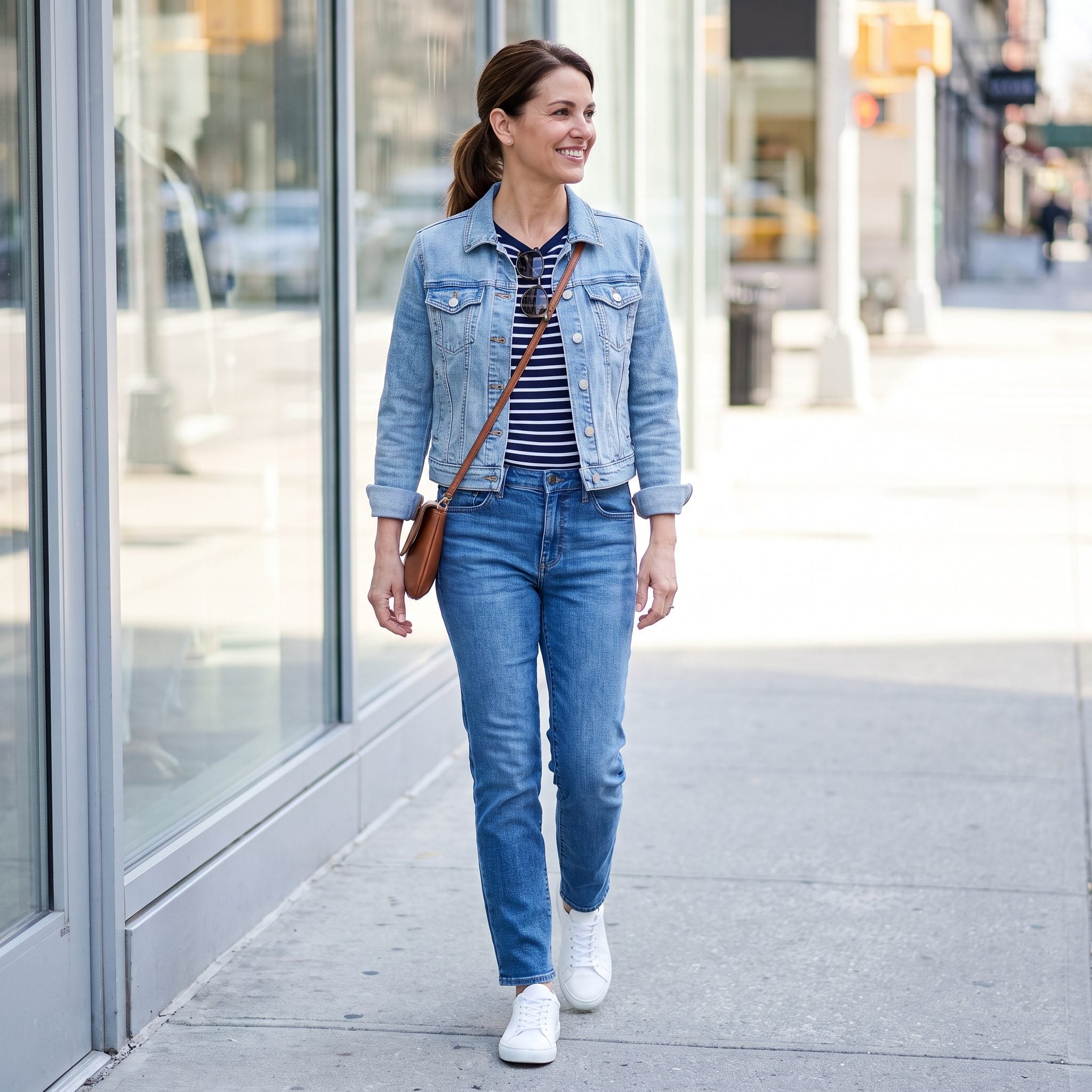 American woman in a cropped denim jacket, mid-blue jeans and a striped tee with plain white low-top sneakers.