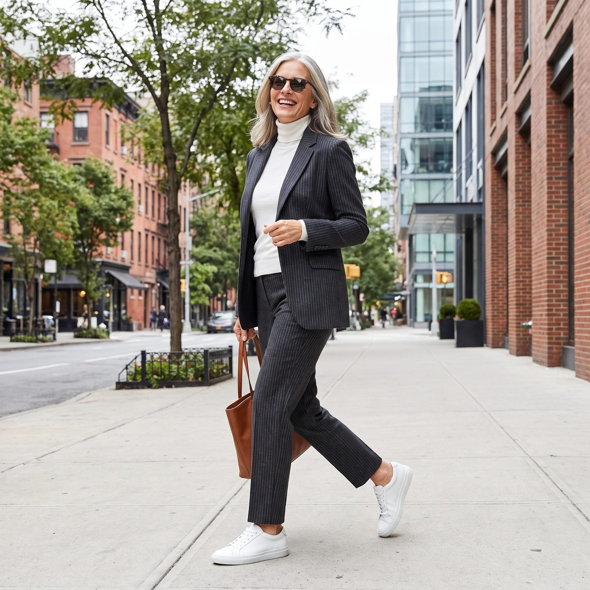 White Turtleneck With a Pinstripe Suit and Sneakers