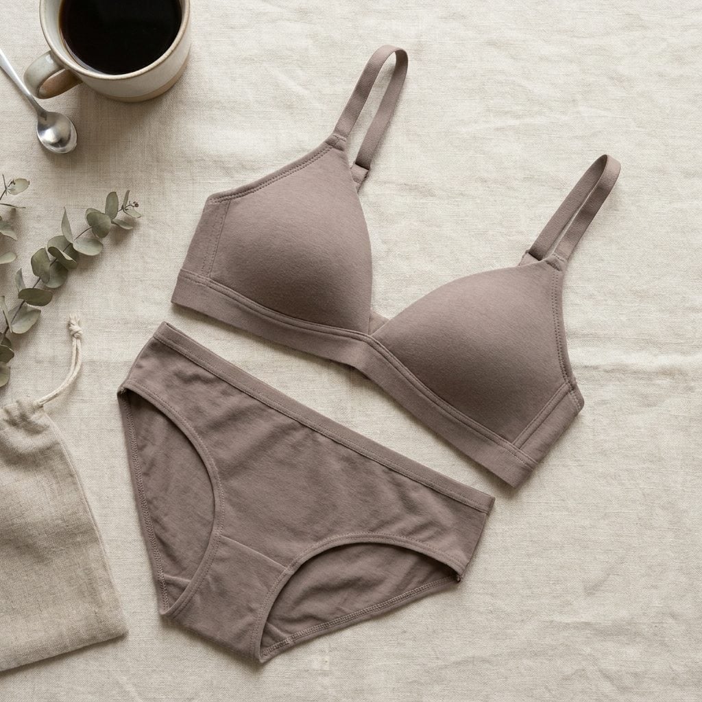 Open dresser drawer with four matched bra and briefs sets folded in coordinated pairs.