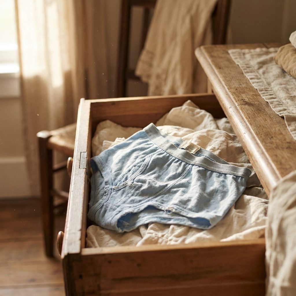 Open drawer of folded everyday underwear with one lace set still on its retail hanger and price tag in the corner.