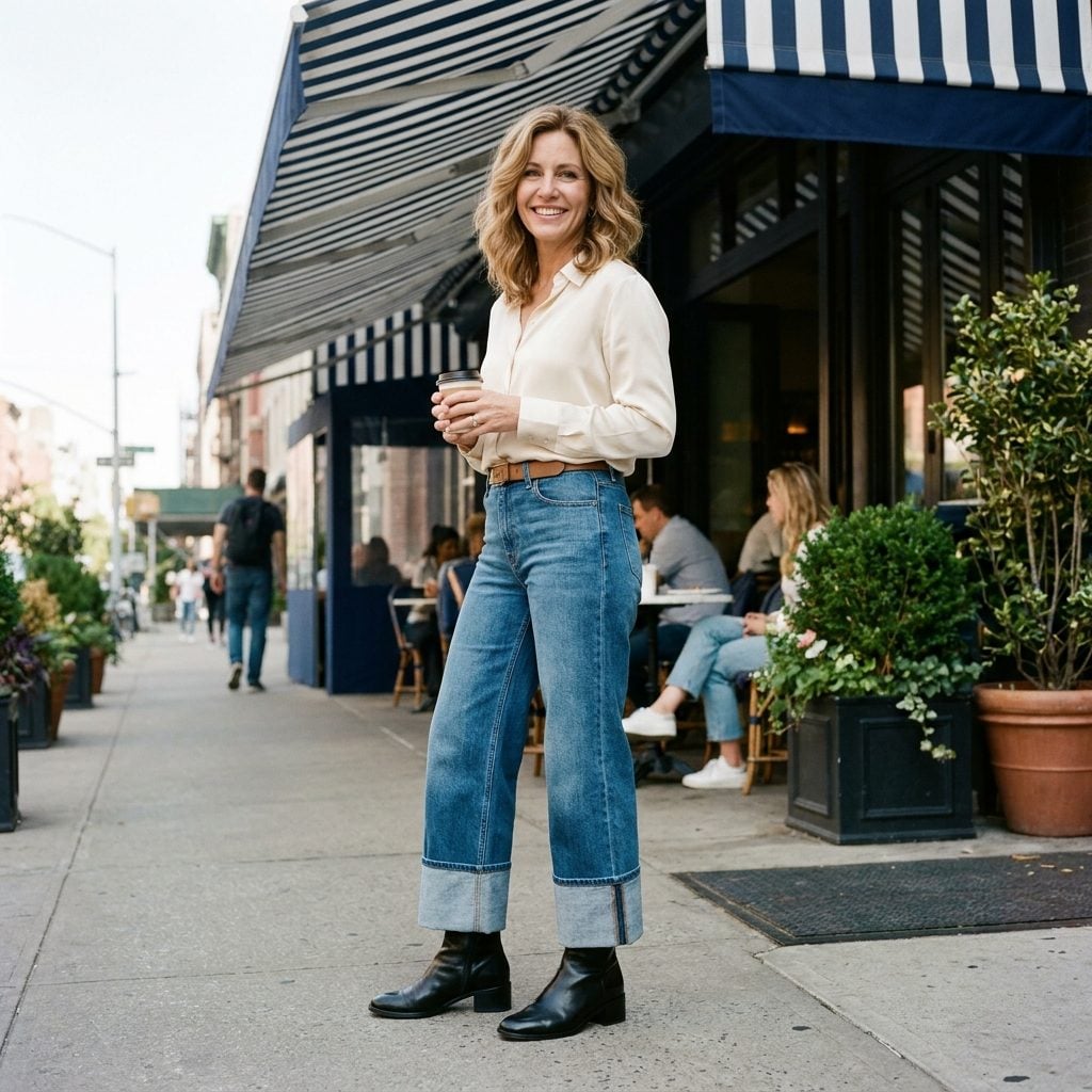 Woman in wide cropped jeans with a thick cuff, cream blouse and black ankle boots, cuff adding bulk at the hem.