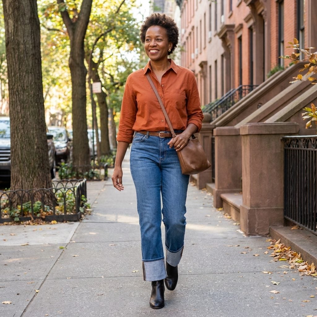 Woman in mid-blue jeans with a wide three-inch cuff resting on black ankle boots, denim flaring open above the boot.