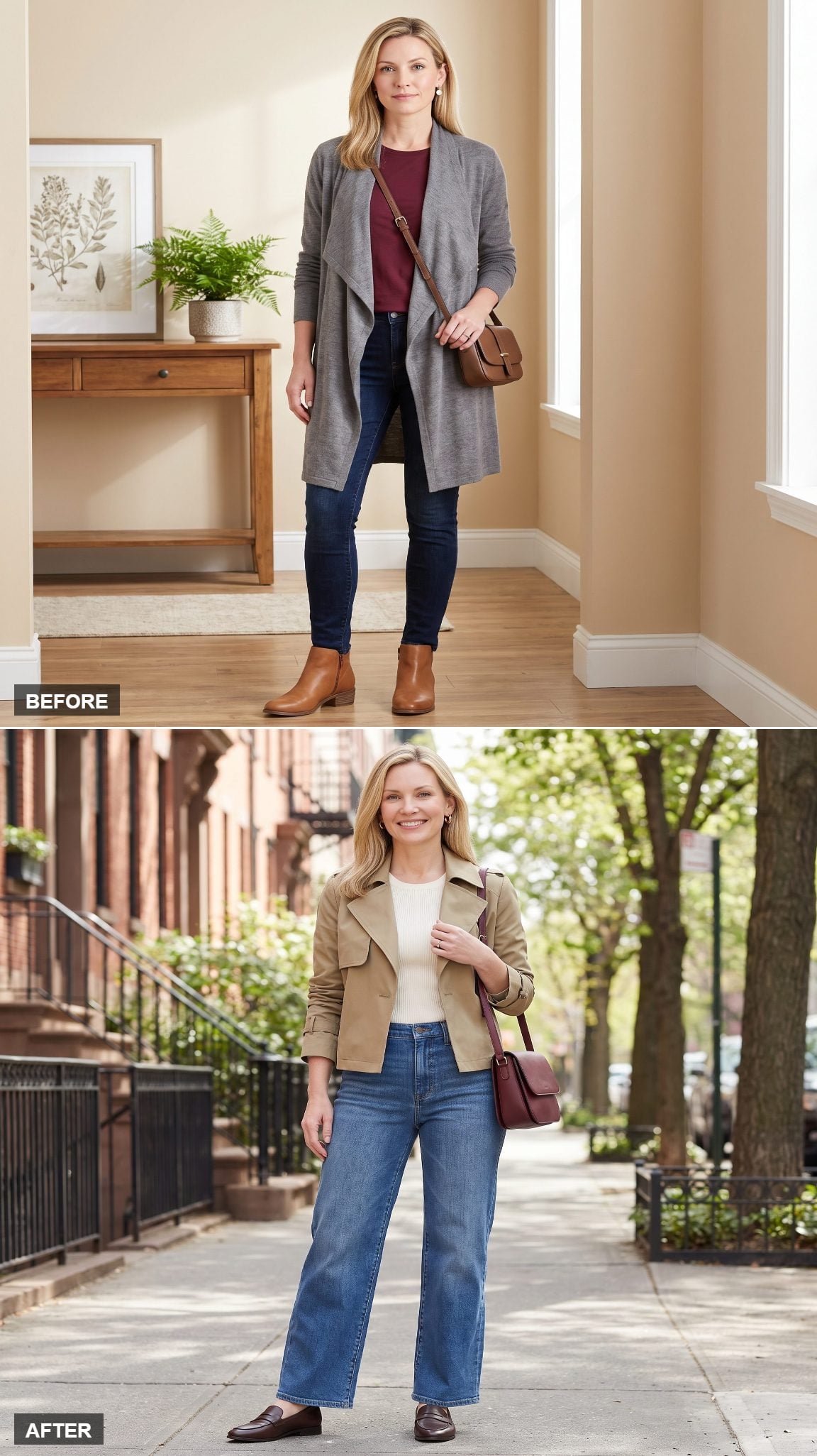 Wide-Leg Denim and a Cropped Trench Do the Heavy Lifting