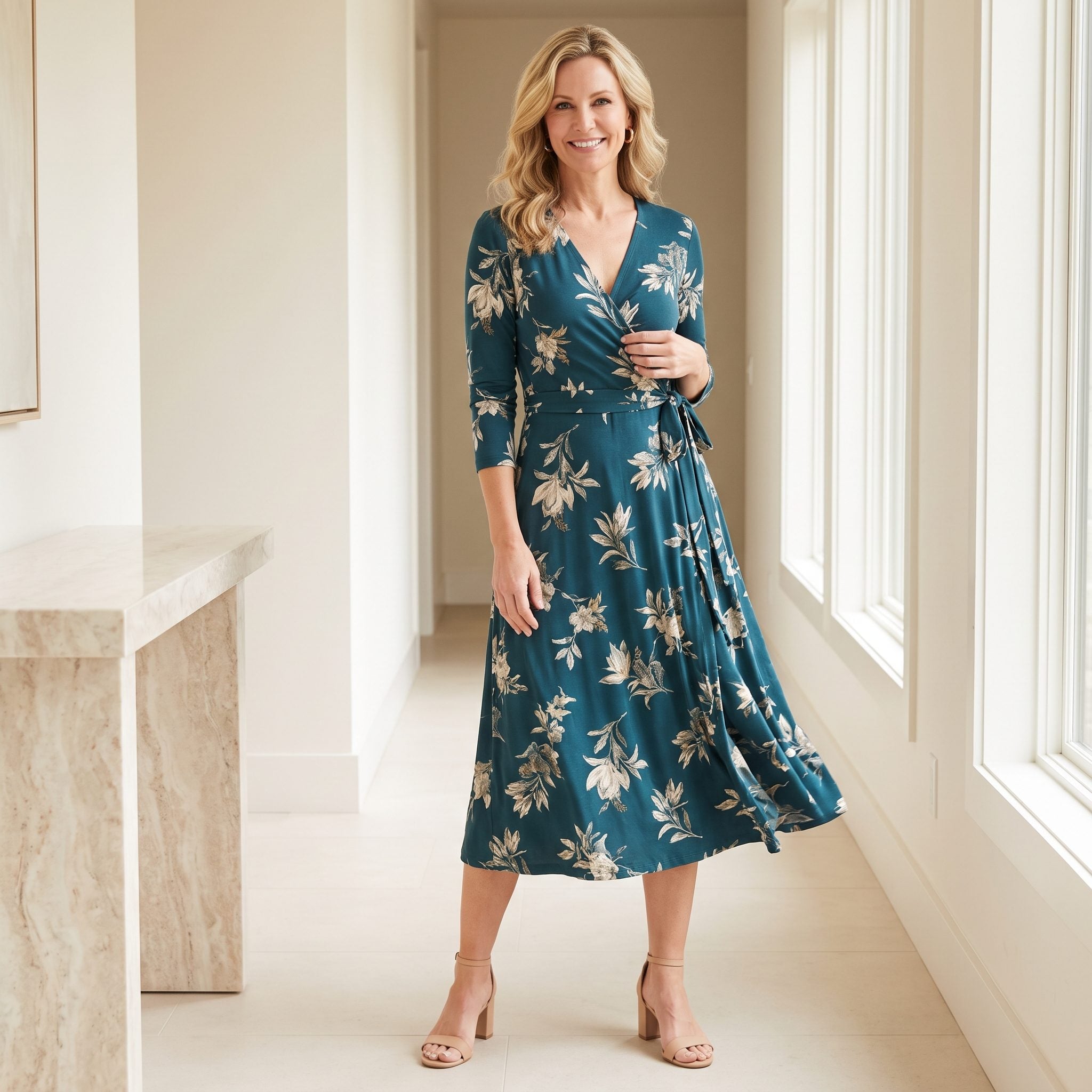 Teal botanical-print wrap midi dress with a crossover neckline