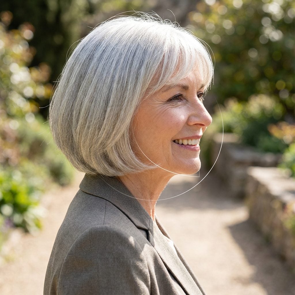 Woman with a light brown bob cut to end exactly at the fullest part of her cheeks.