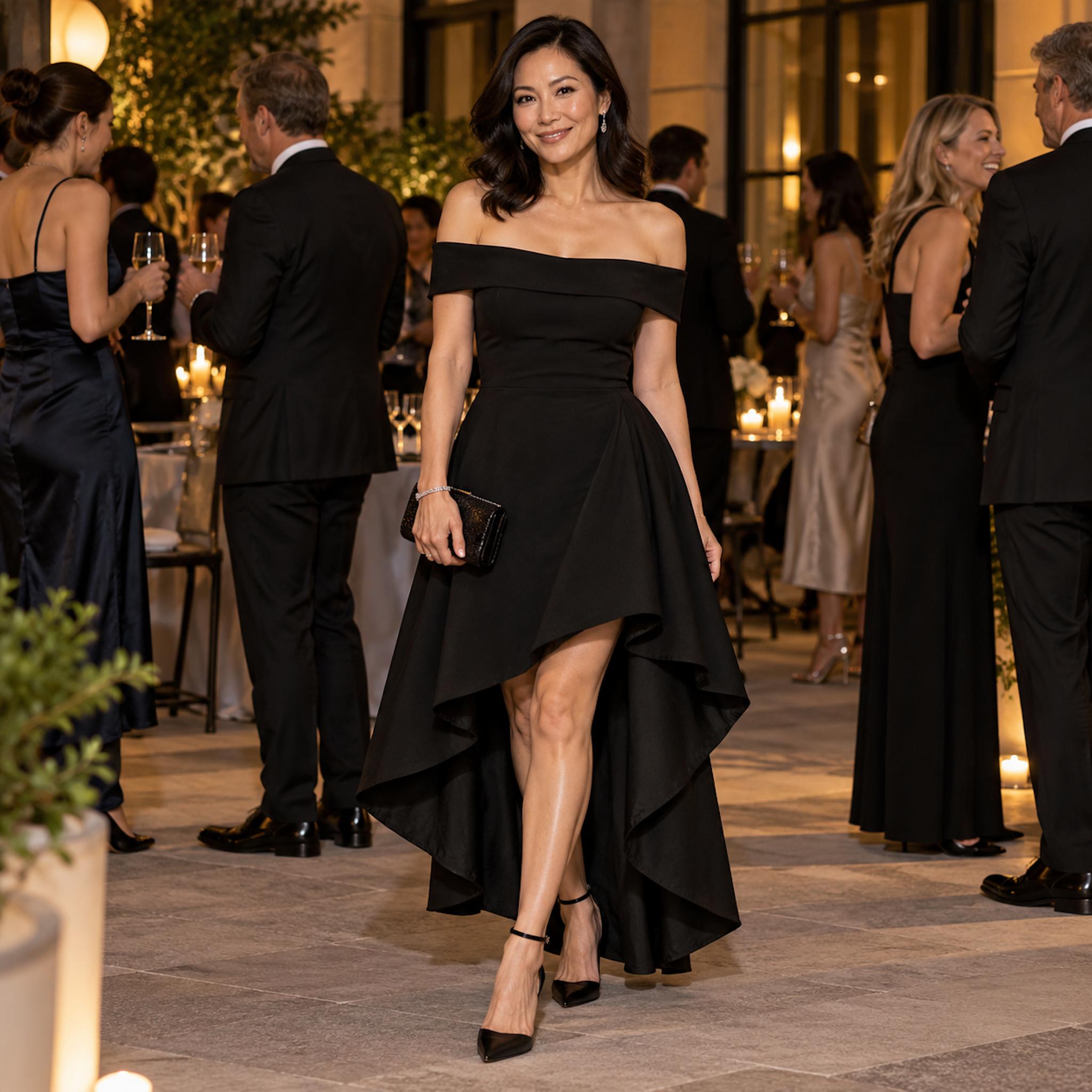 Woman wearing a black off-the-shoulder cocktail dress with a short sculpted front hem and a flowing longer back at an evening reception