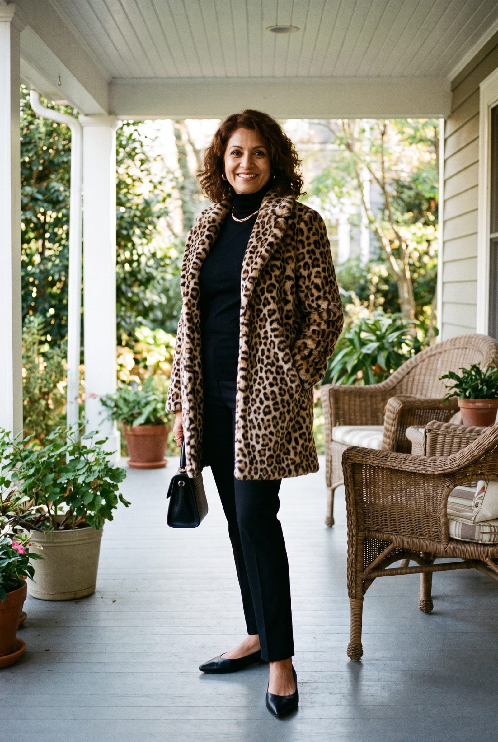 The 1960s Leopard Coat Over an All-Black Column Outfit
