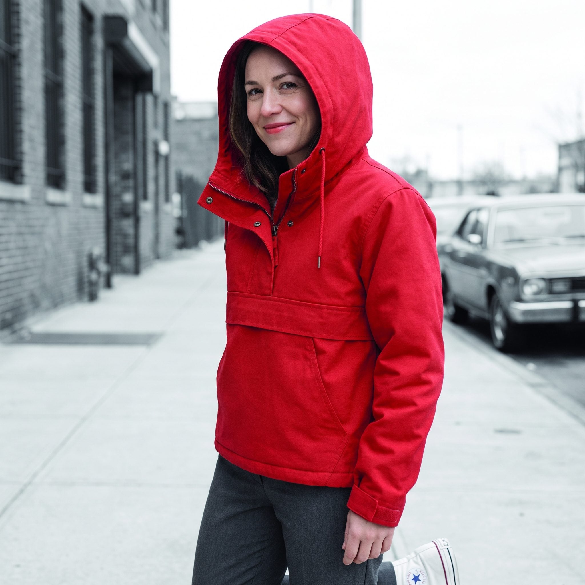 1962: Red Hooded Jacket and Canvas Sneakers