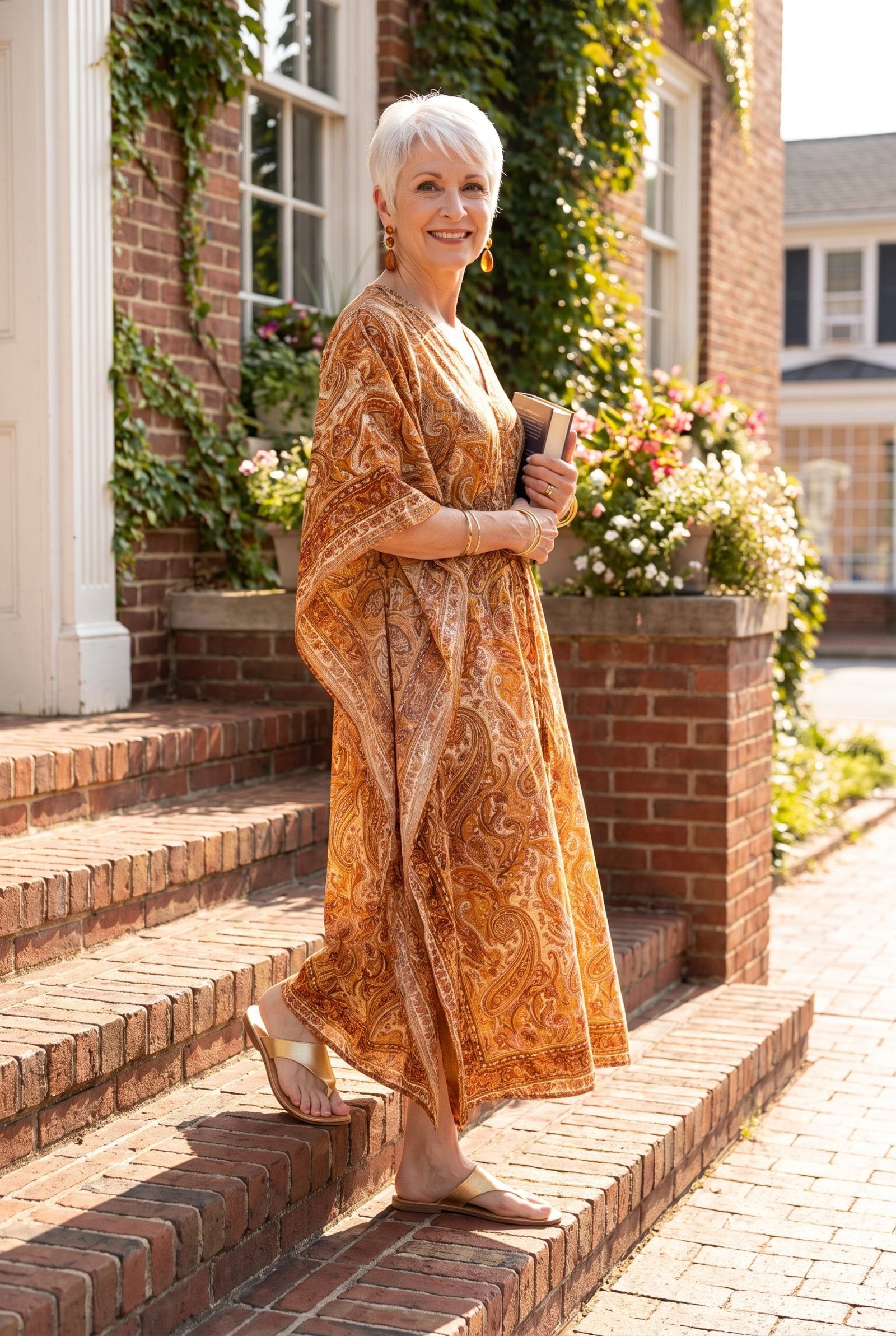The 1970s Printed Kaftan With Flat Leather Sandals