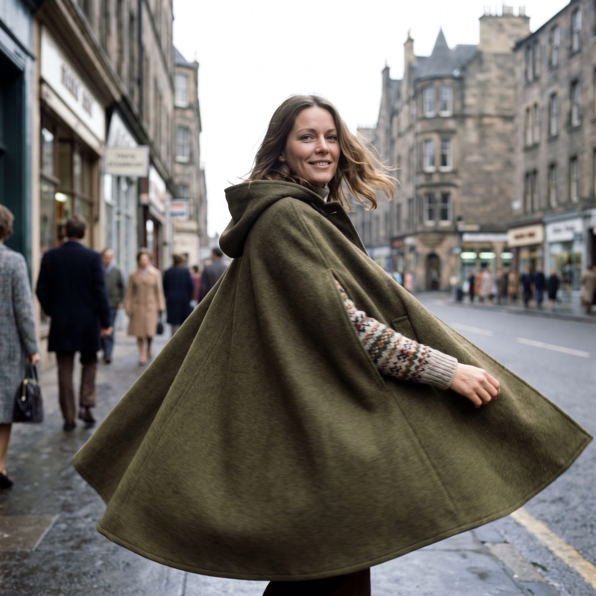 1974: Hooded Wool Cape and Fair Isle Knit