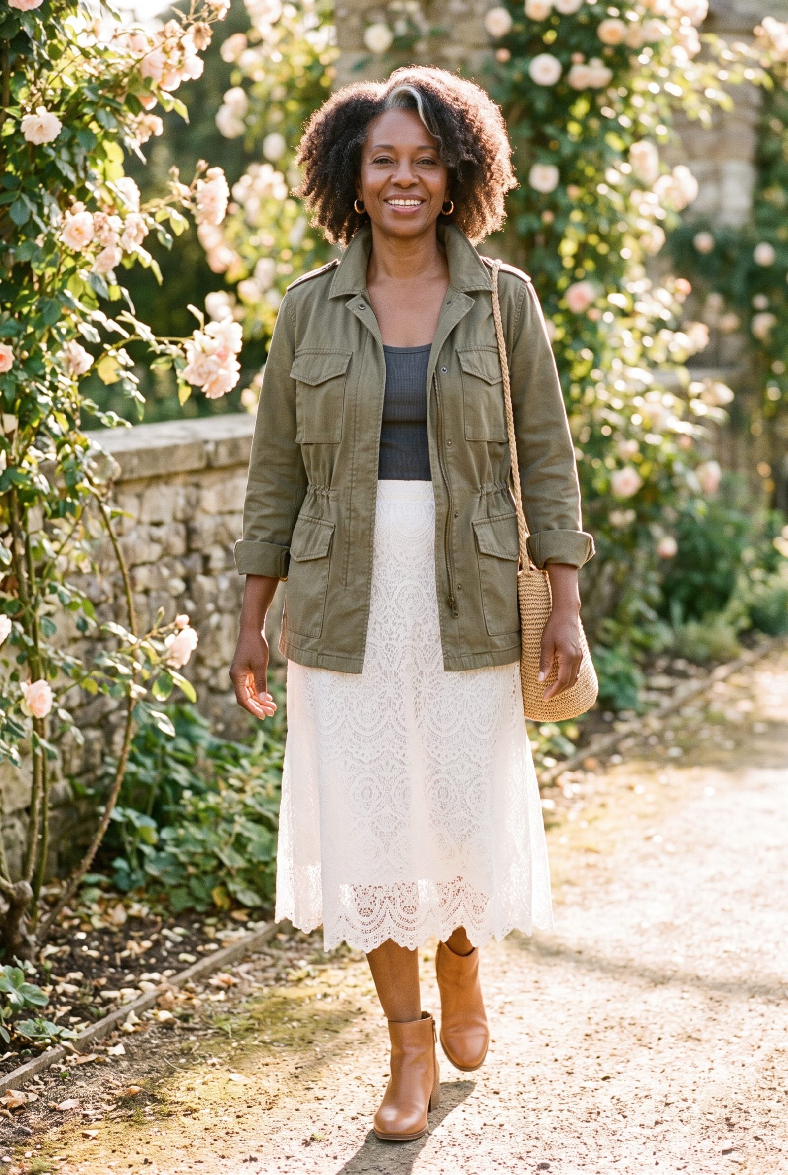 The 1980s Military Field Jacket With a Lace Midi Skirt