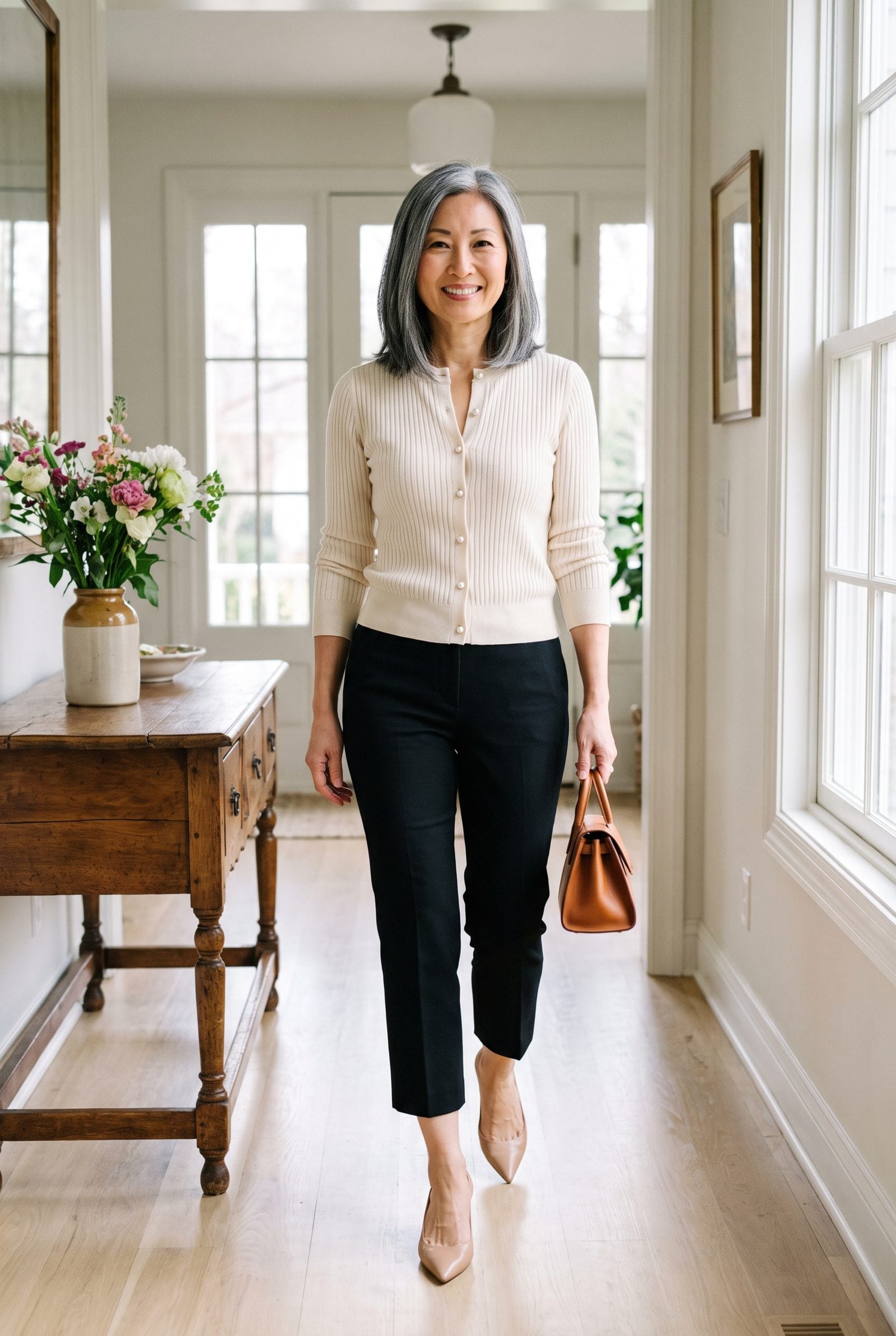 The 1990s Capri Pants With a Fitted Cardigan and Kitten Heels