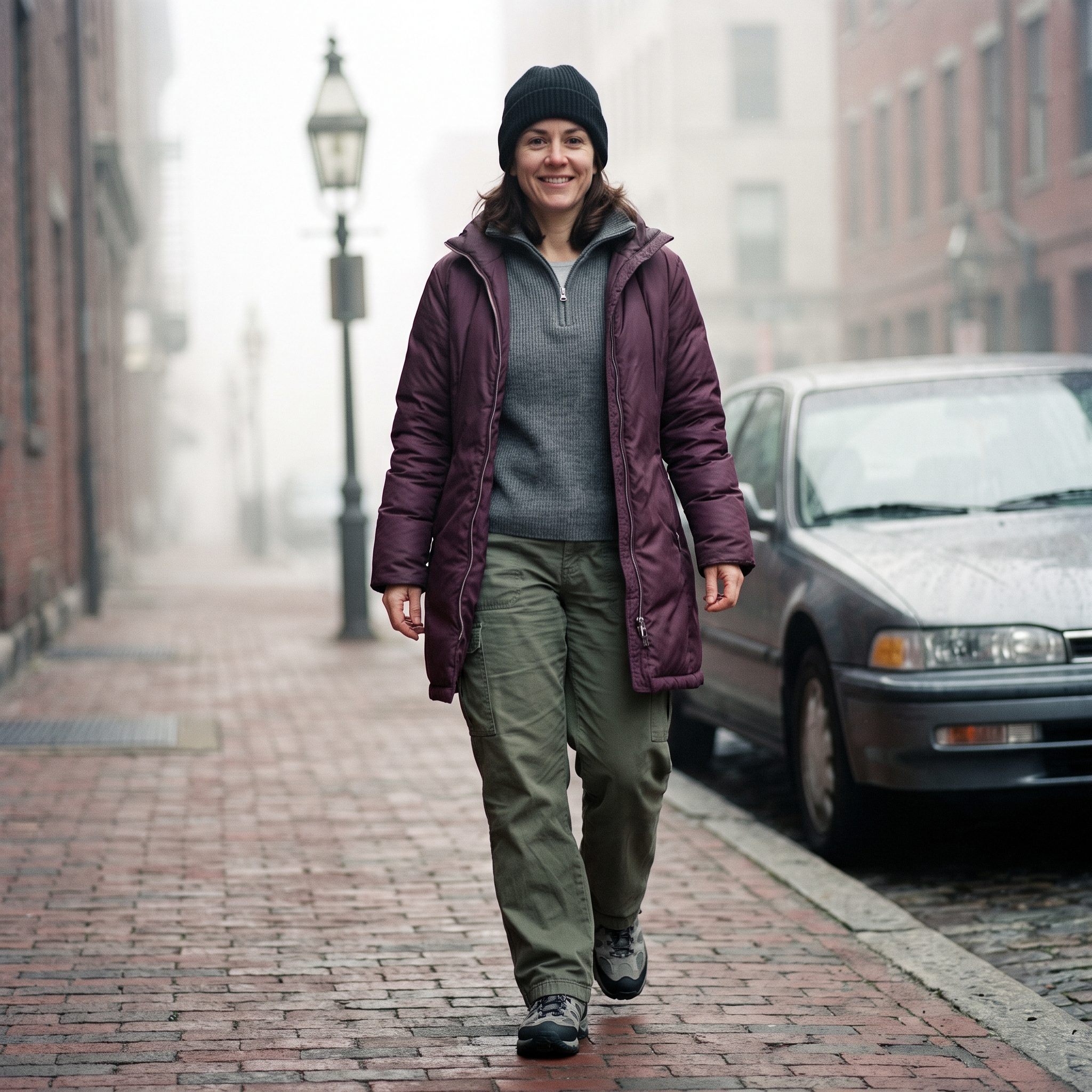 1999: Plum Padded Coat and Cargo Trousers