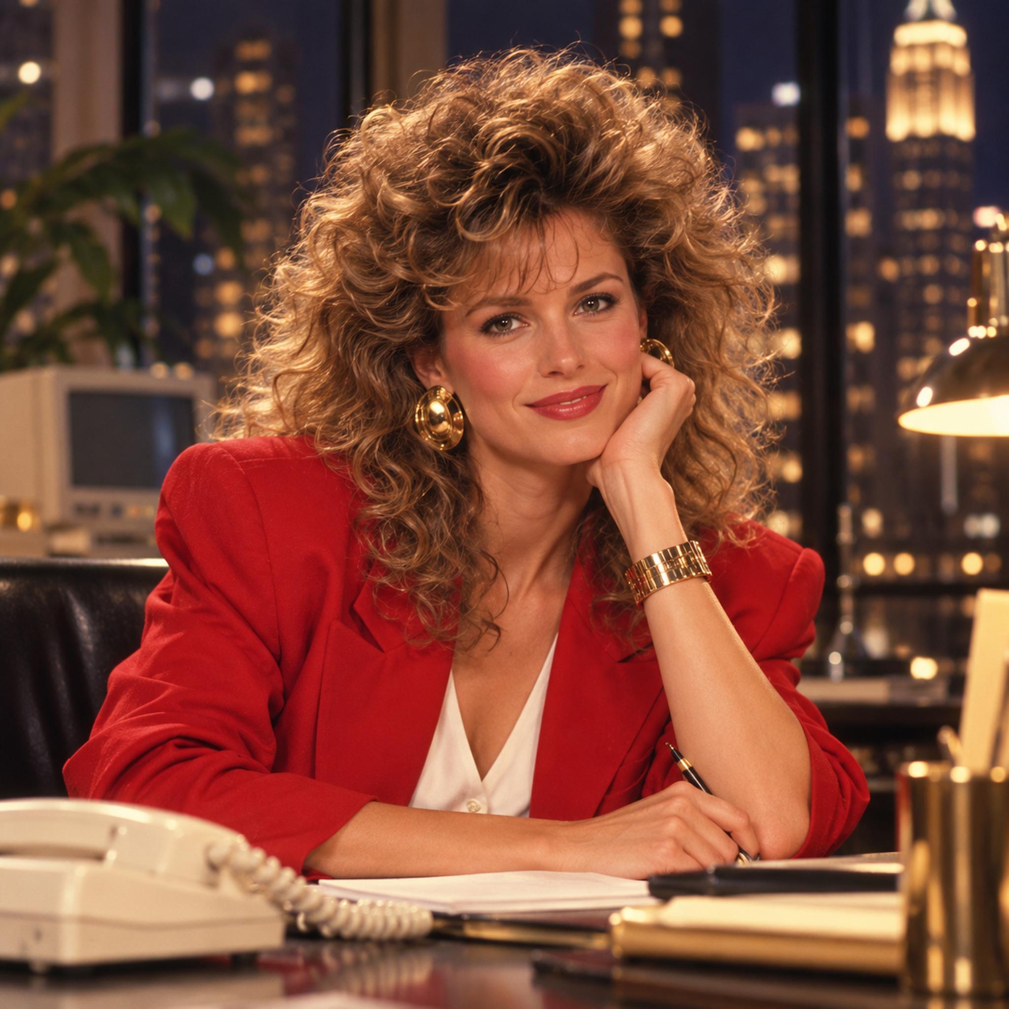 Woman with voluminous 1980s-style curls wearing red blazer in an evening office