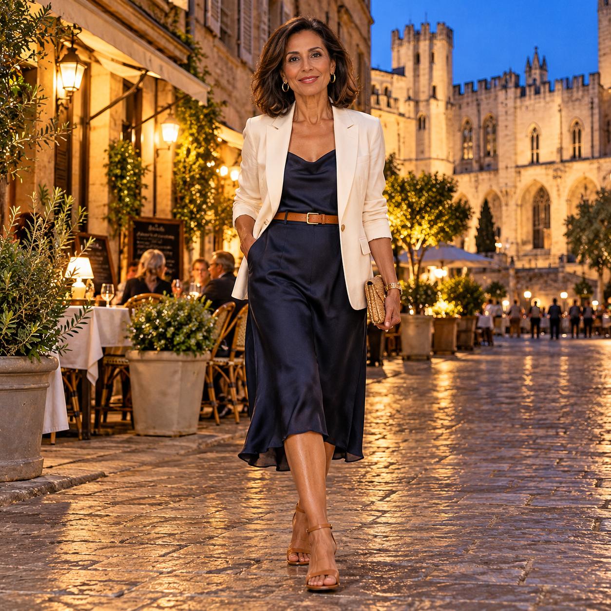 Woman wearing a navy satin midi slip dress, ivory blazer, and tan sandals on an illuminated street in Avignon
