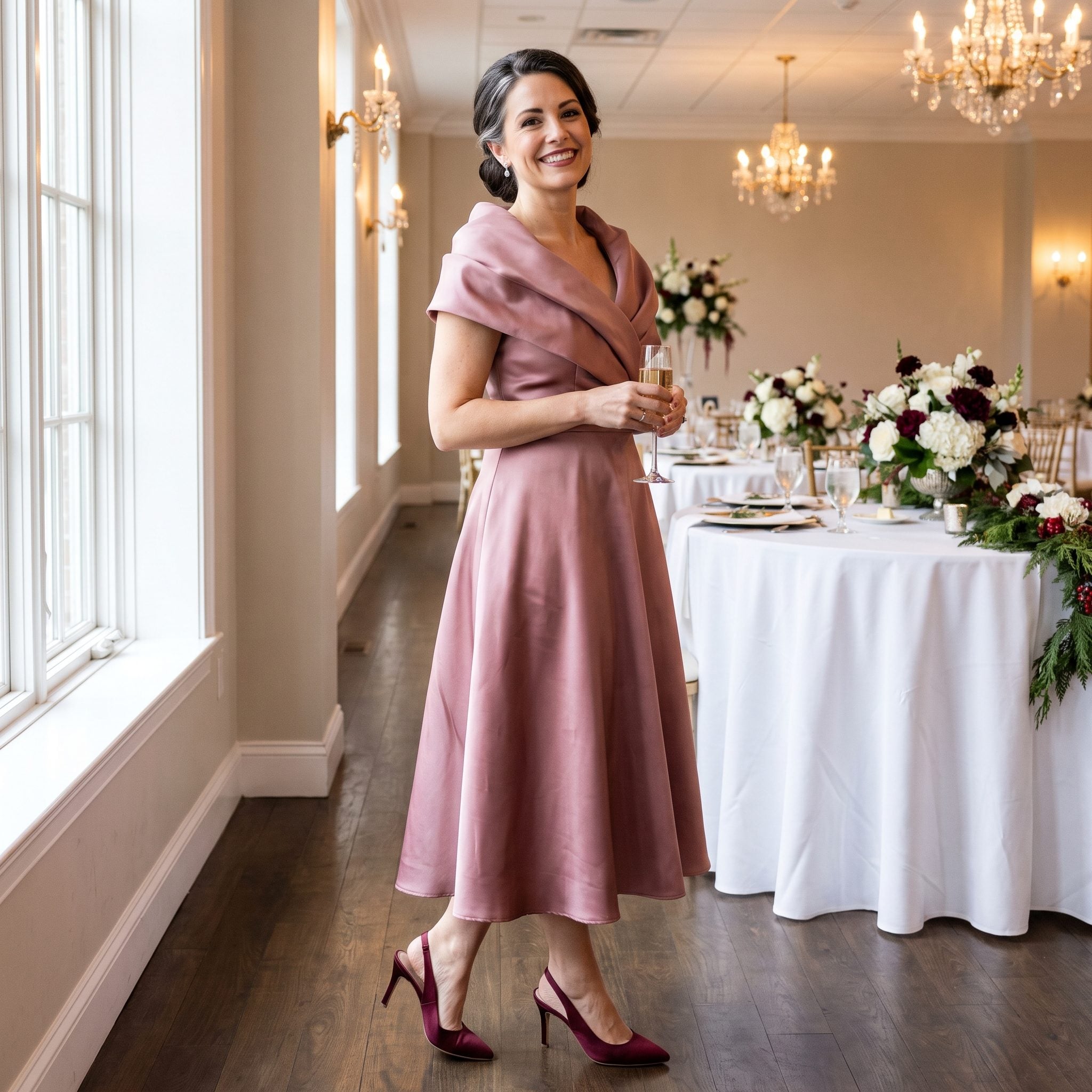 24. Rose Satin Dress With a Sculptural Rolled Collar