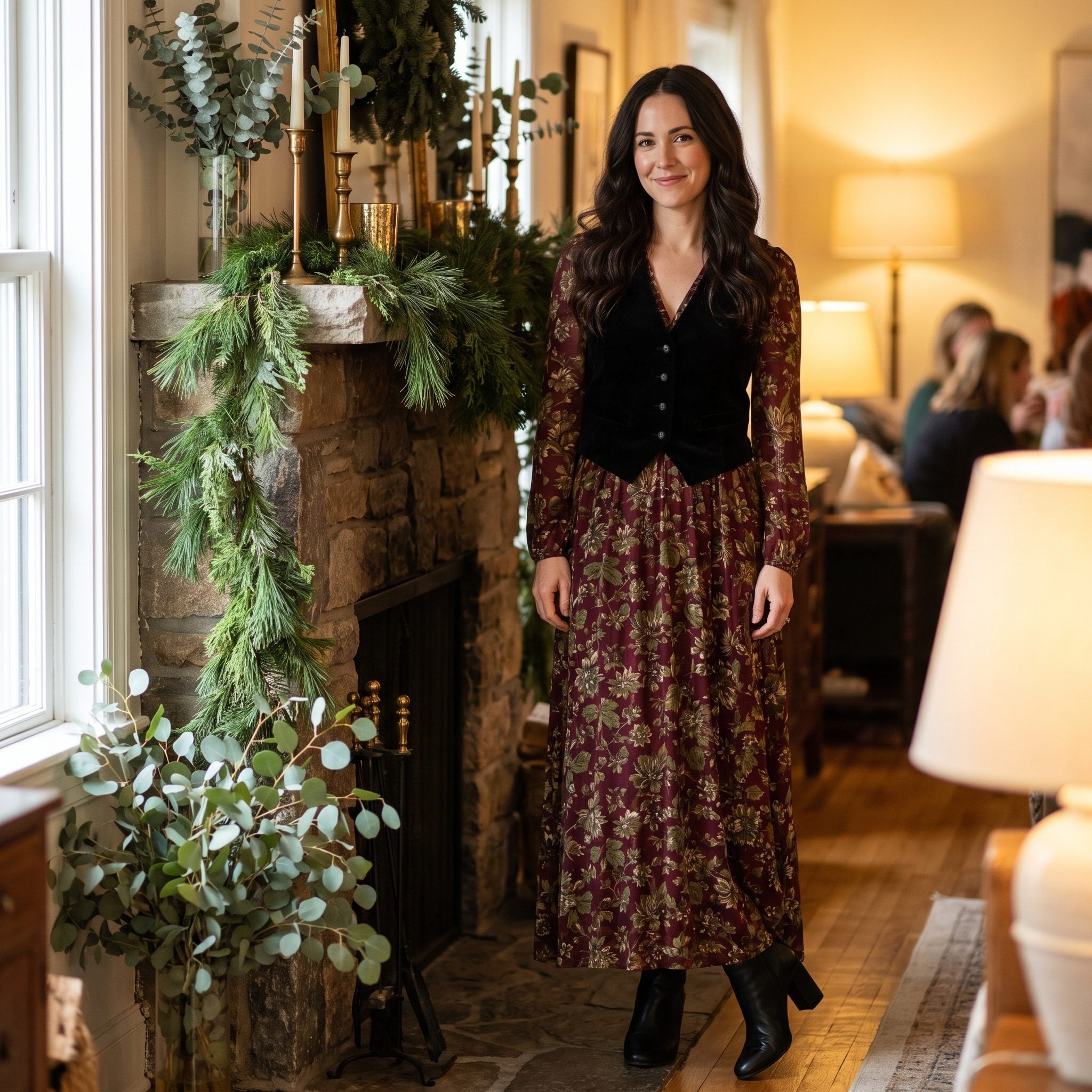 28. Floral Maxi Under a Fitted Velvet Waistcoat