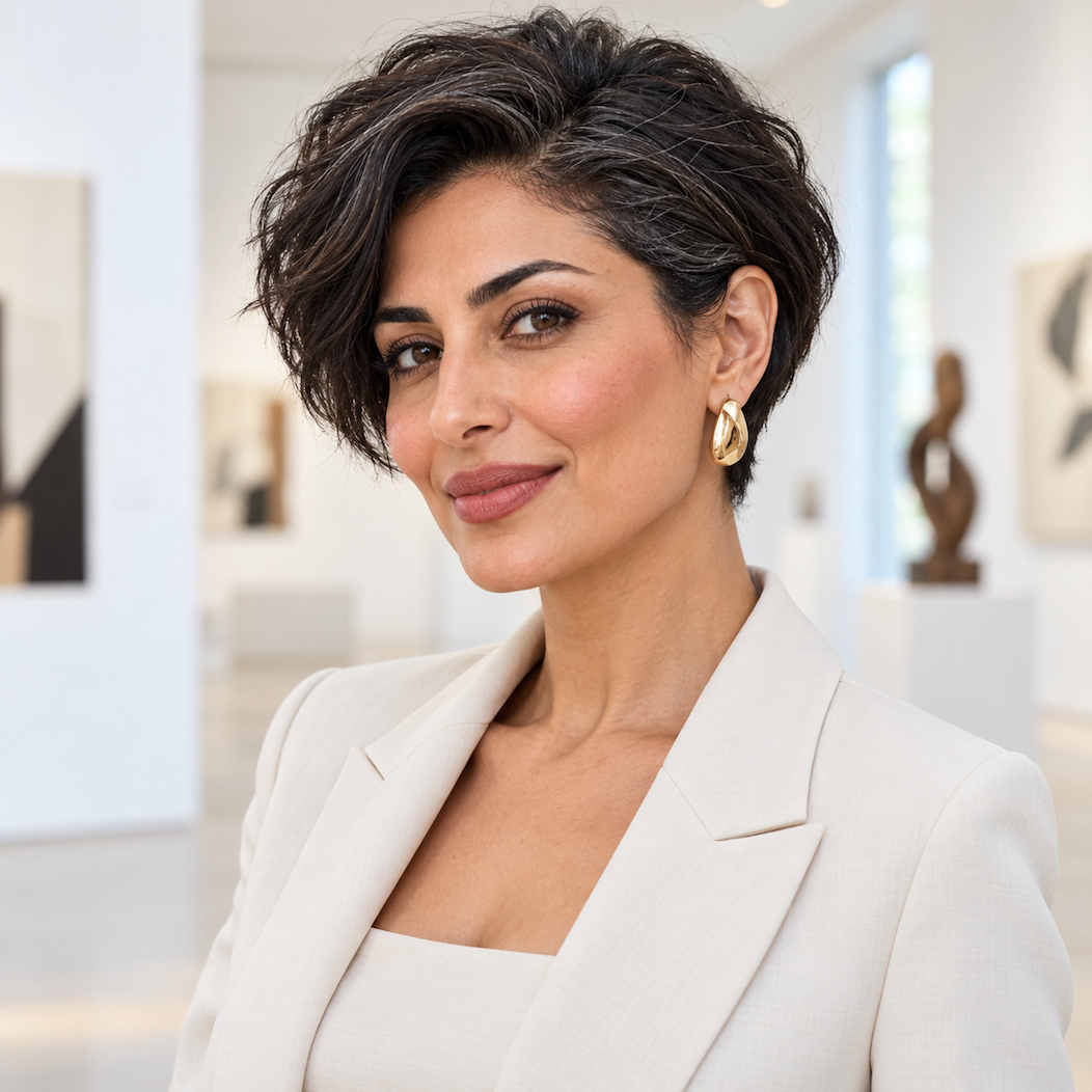 Woman with short hair showing the front hairline and temple area