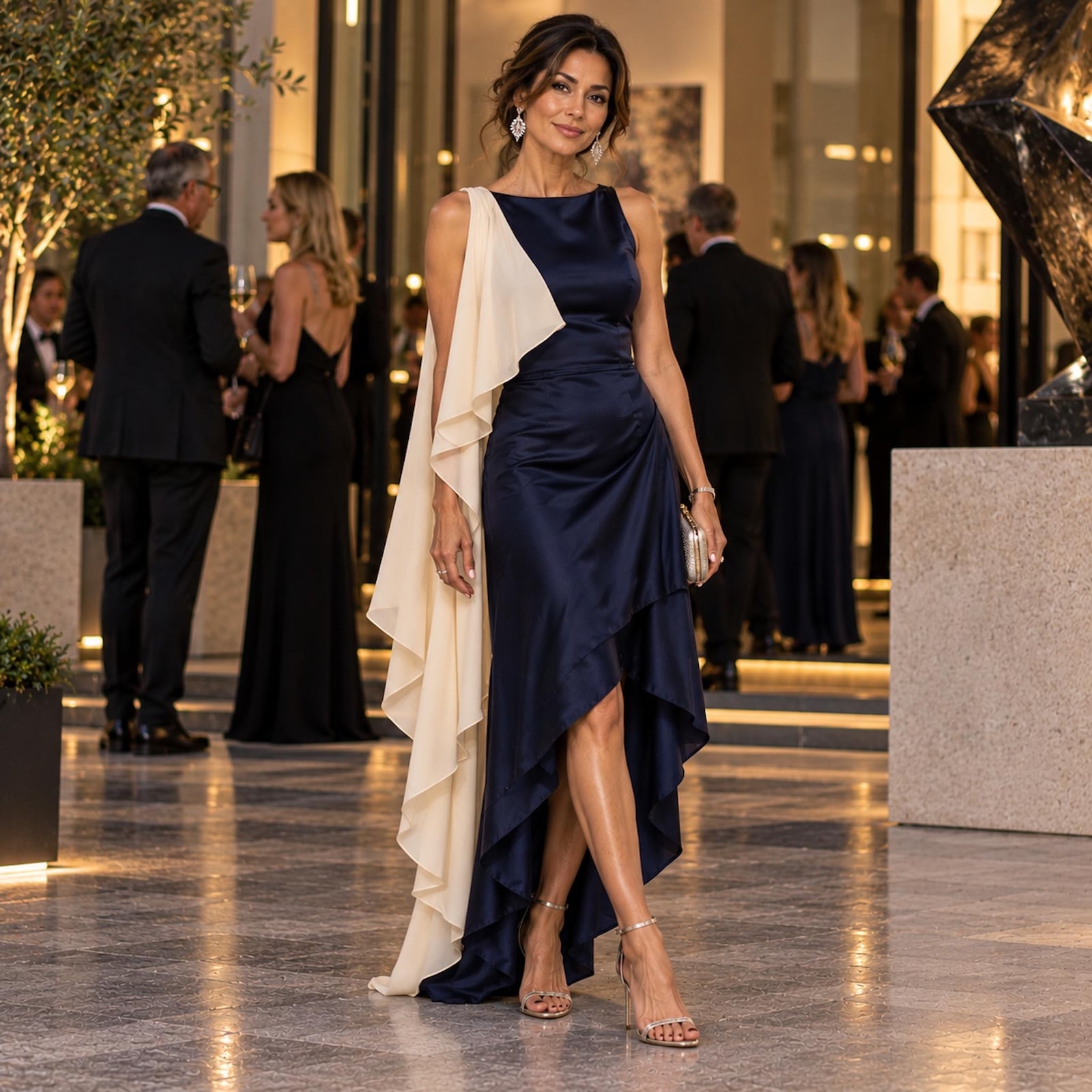 Midnight-blue silk evening dress with an asymmetric ivory cape and graduated hem