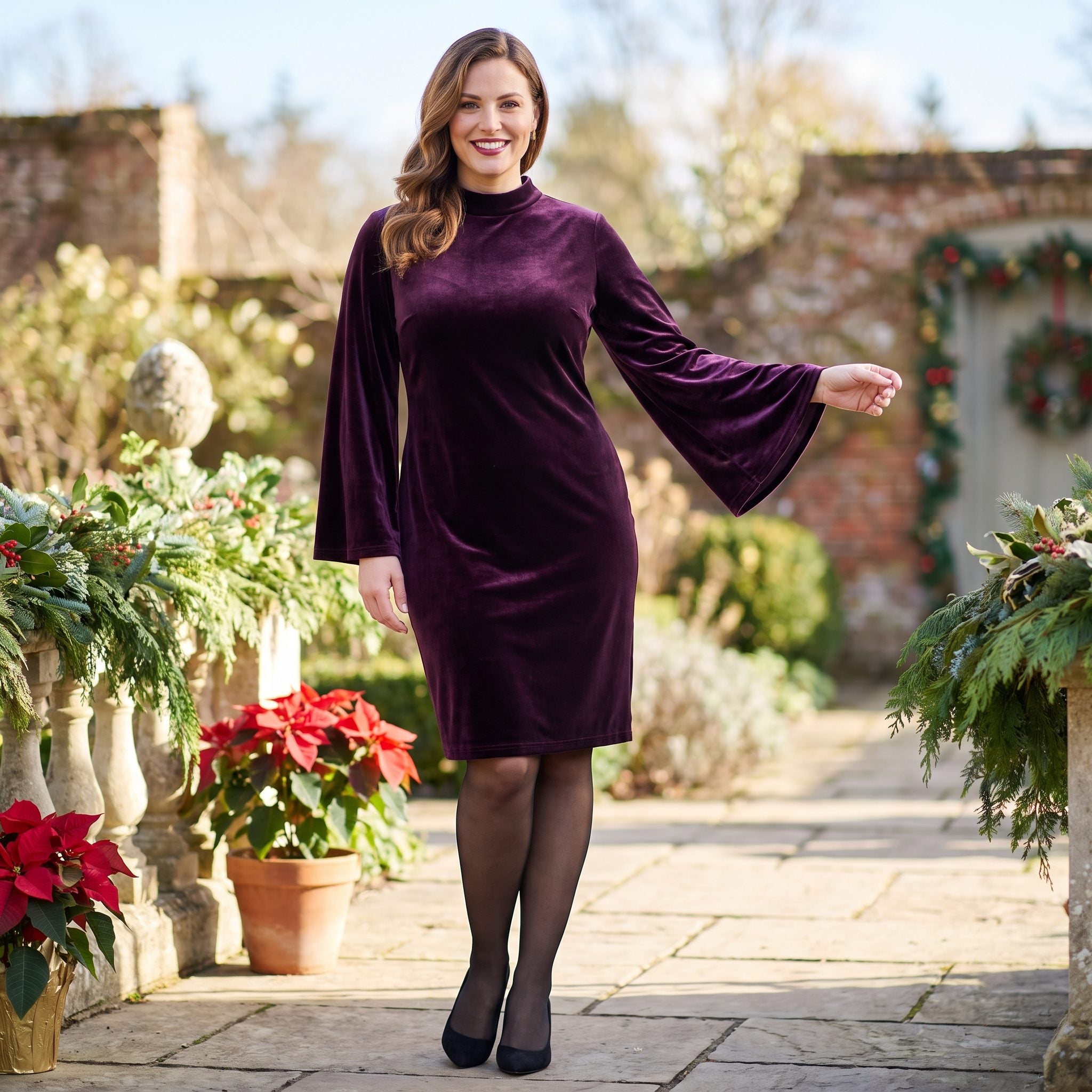 30. Aubergine Velvet Bell-Sleeve Dress