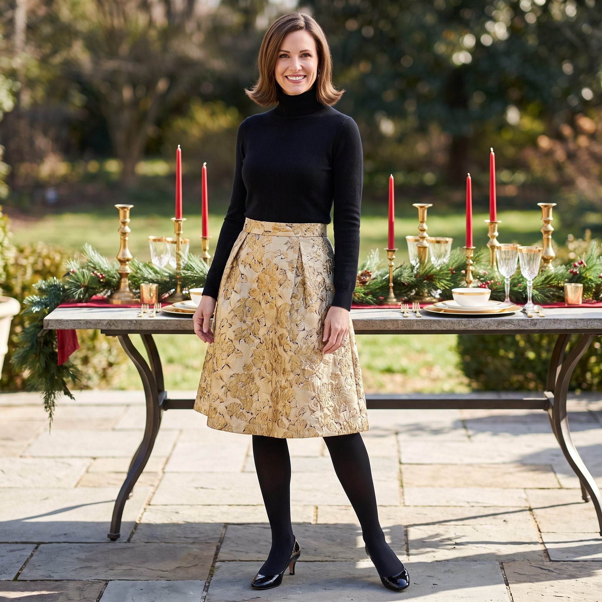 32. Gold-Brocade Skirt With a Black Cashmere Turtleneck