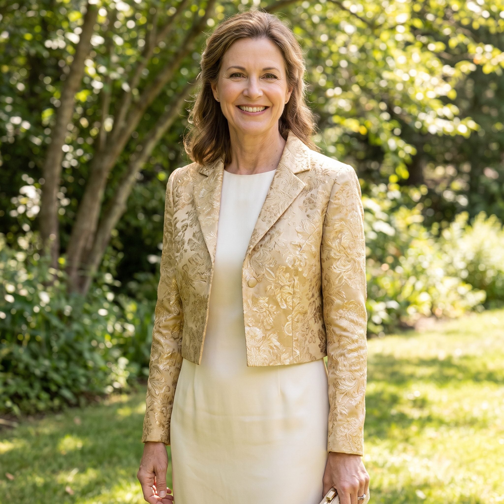 Cropped gold brocade evening jacket worn over a simple cream sheath dress