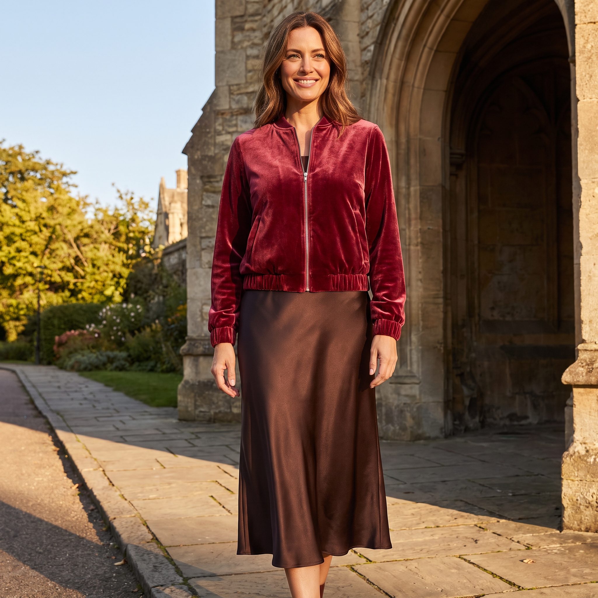Cranberry velvet blouson top with an espresso-brown satin evening skirt