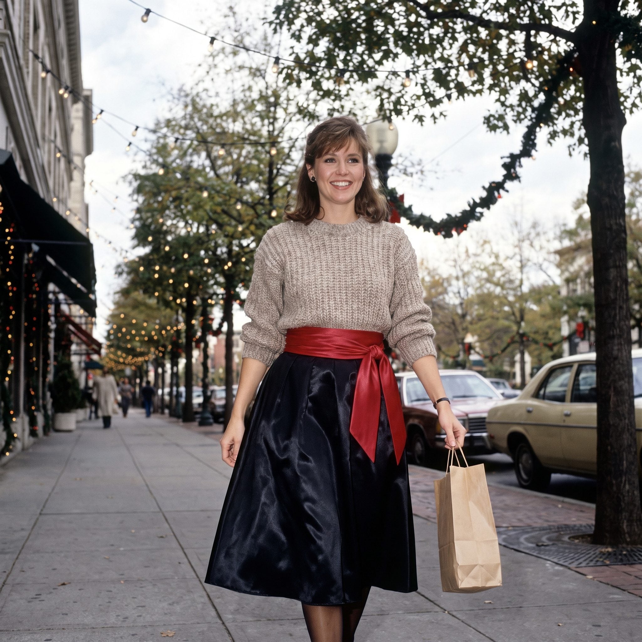 Ivory evening top and black satin skirt accented with a wide red waist sash