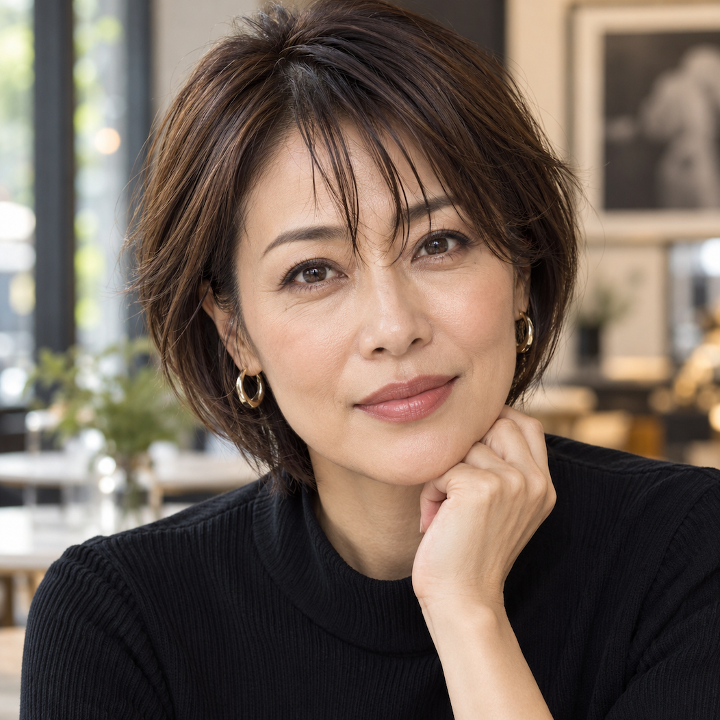 Woman with short fringe resting against the forehead