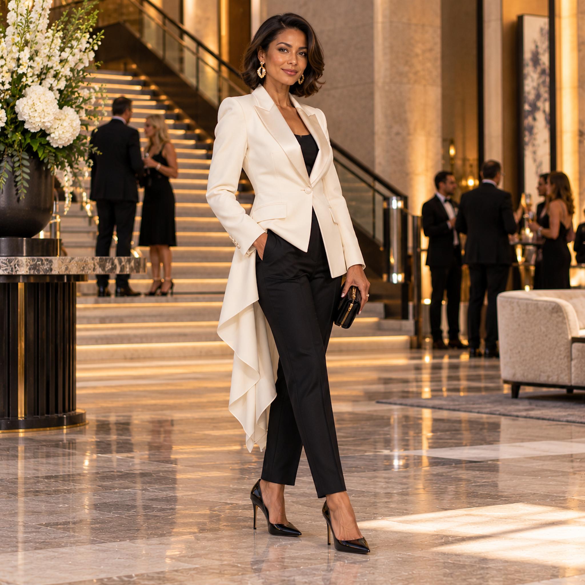Woman wearing an ivory tailored tuxedo jacket with a long asymmetric satin tail, slim black trousers, and pointed black heels