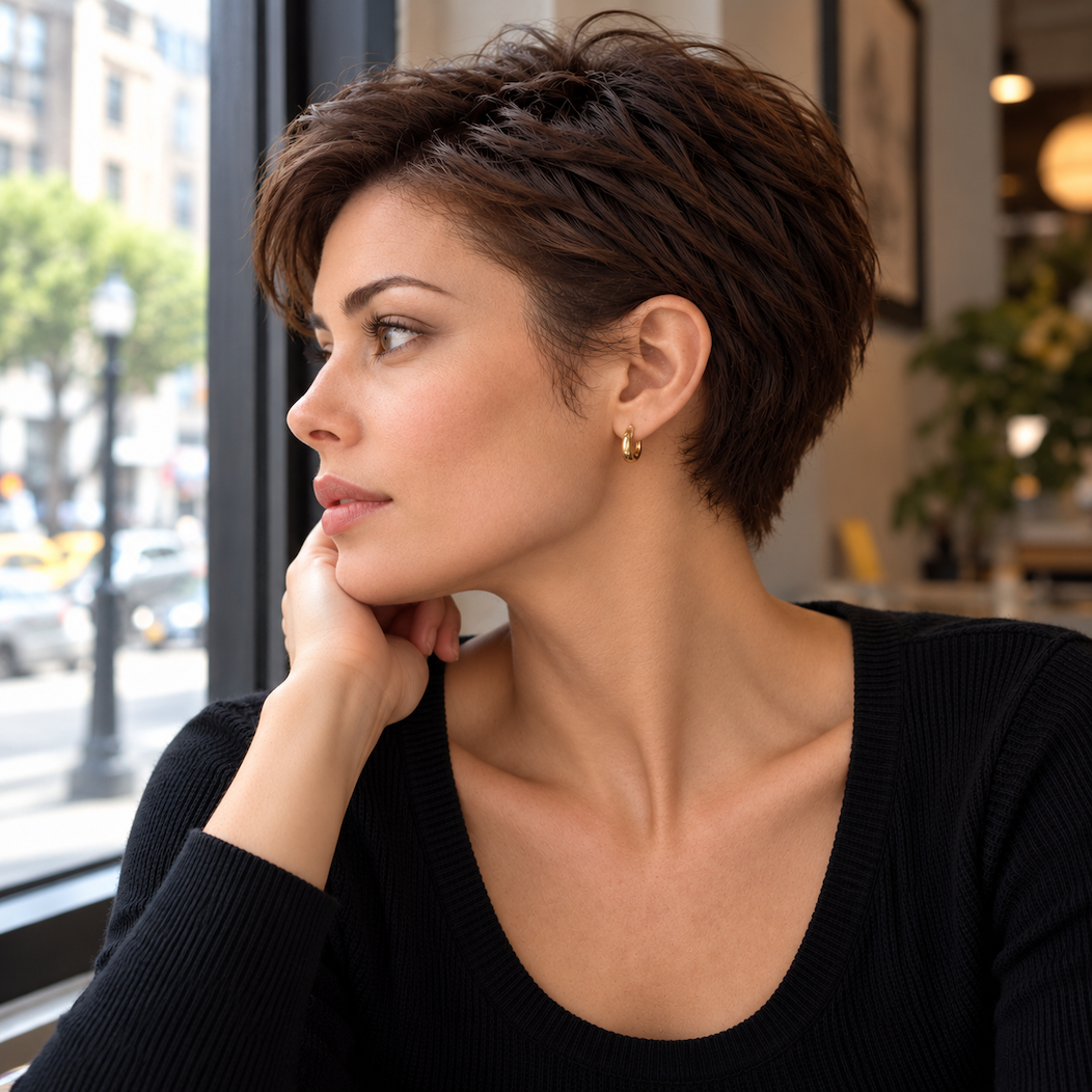 Brunette woman in profile showing an uneven sideburn and temple hairline pattern