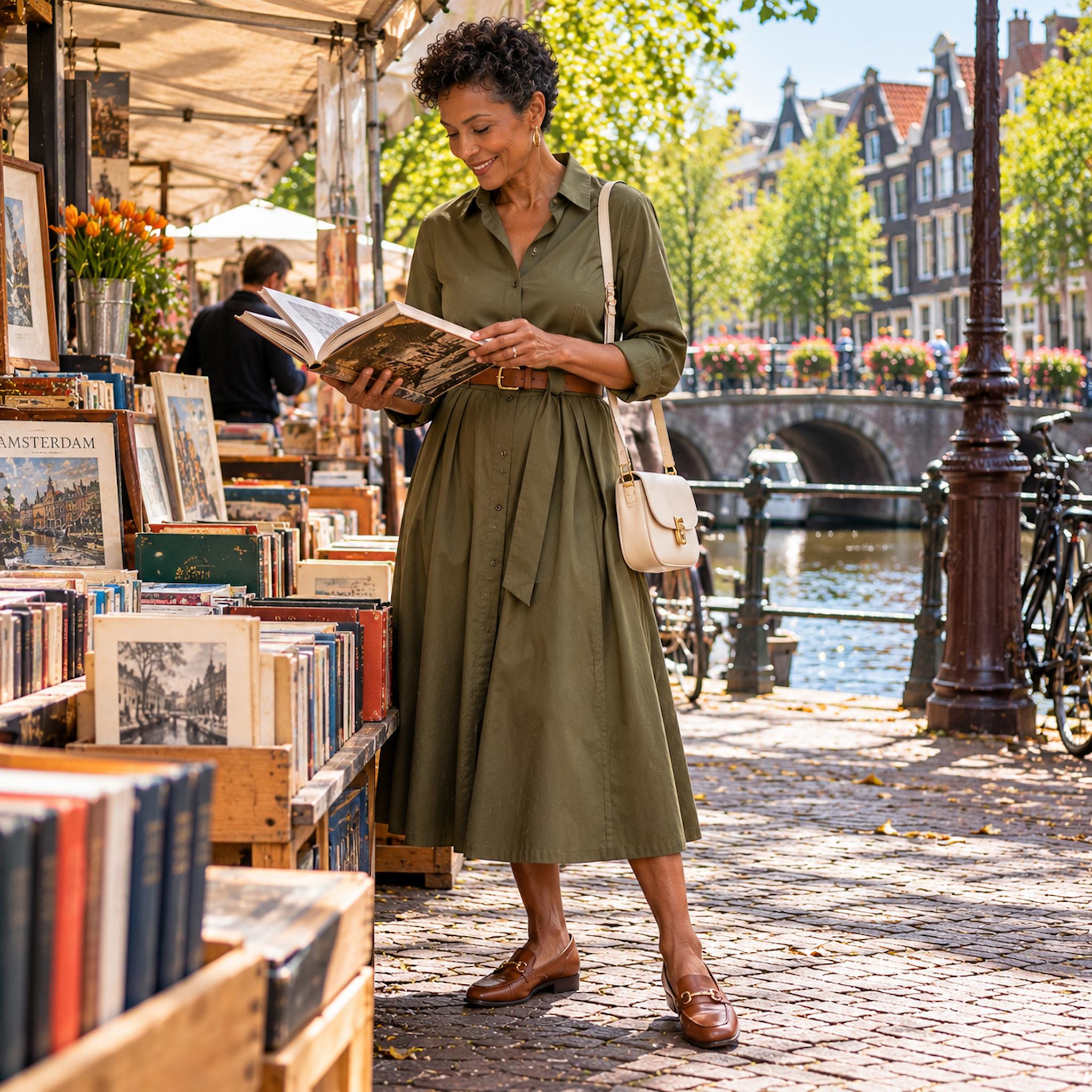 Woman in an olive-green belted midi shirtdress and cognac loafers browsing books beside an Amsterdam canal