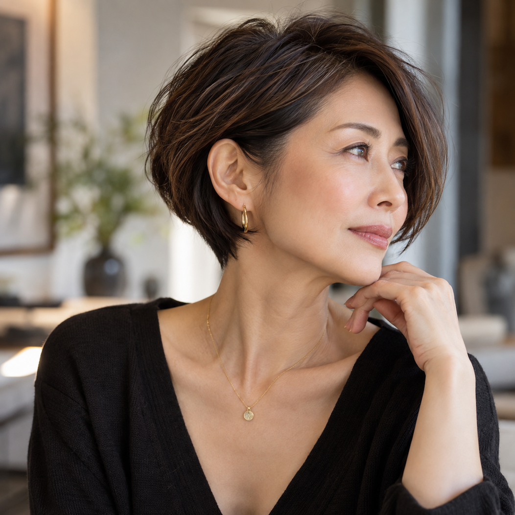 Woman with short hair exposing the ears, neck and jawline
