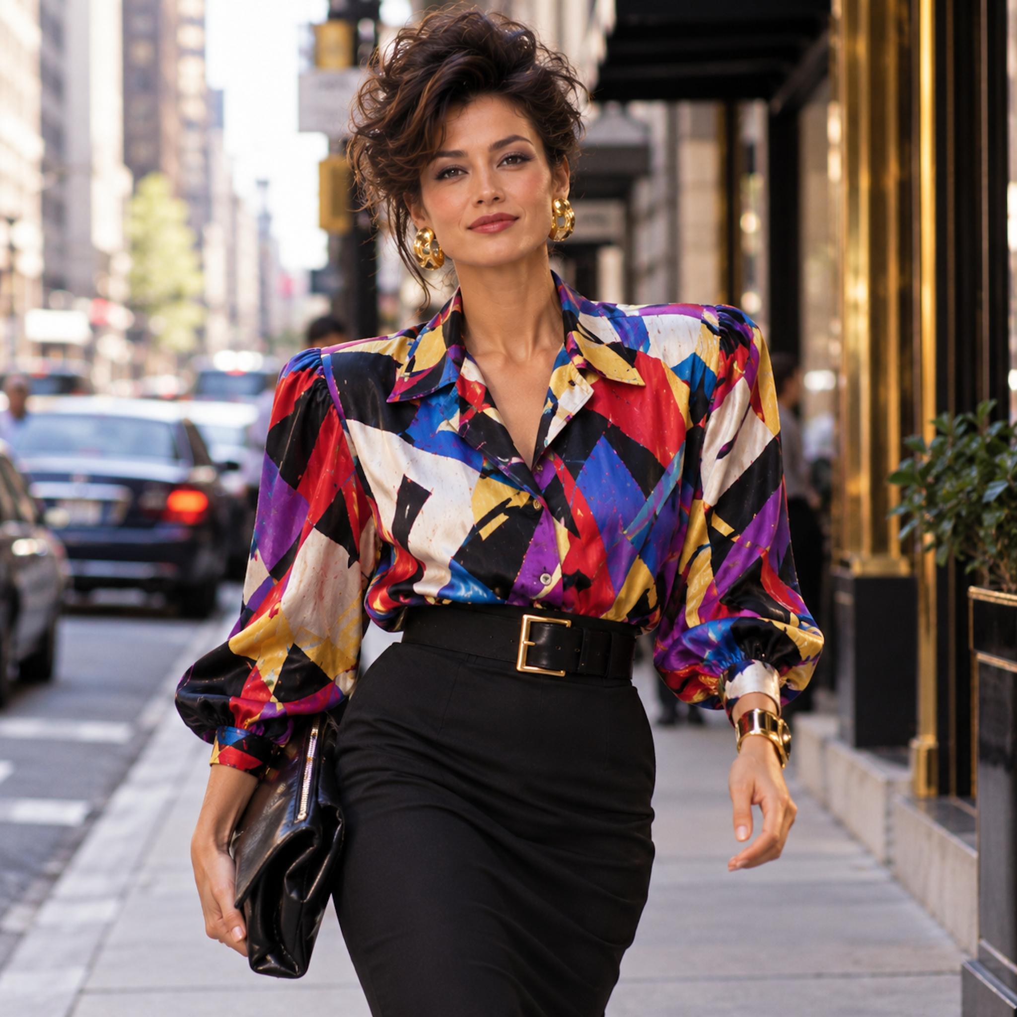 Woman in colorful geometric-print blouse and black pencil skirt walking on a city street