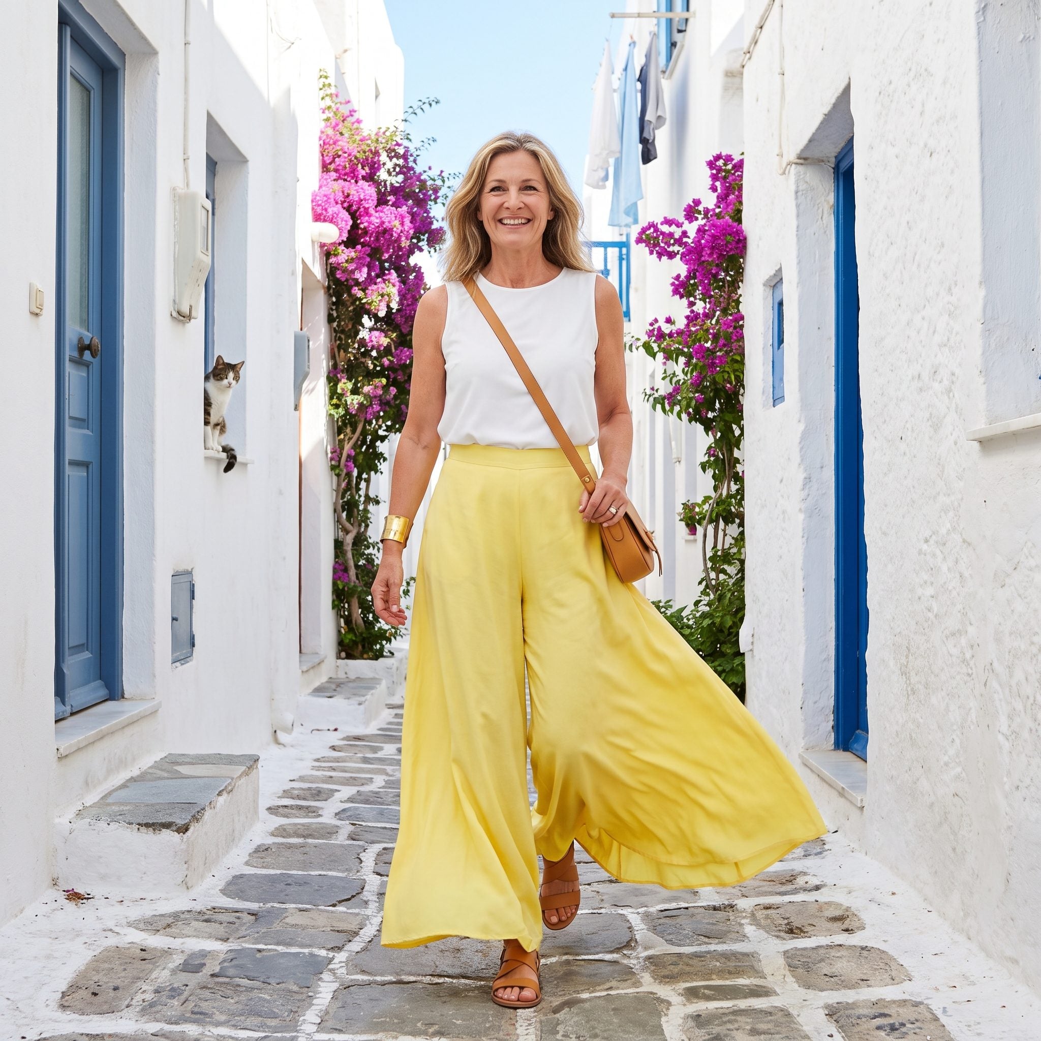 White fitted top with lemon-yellow palazzo trousers