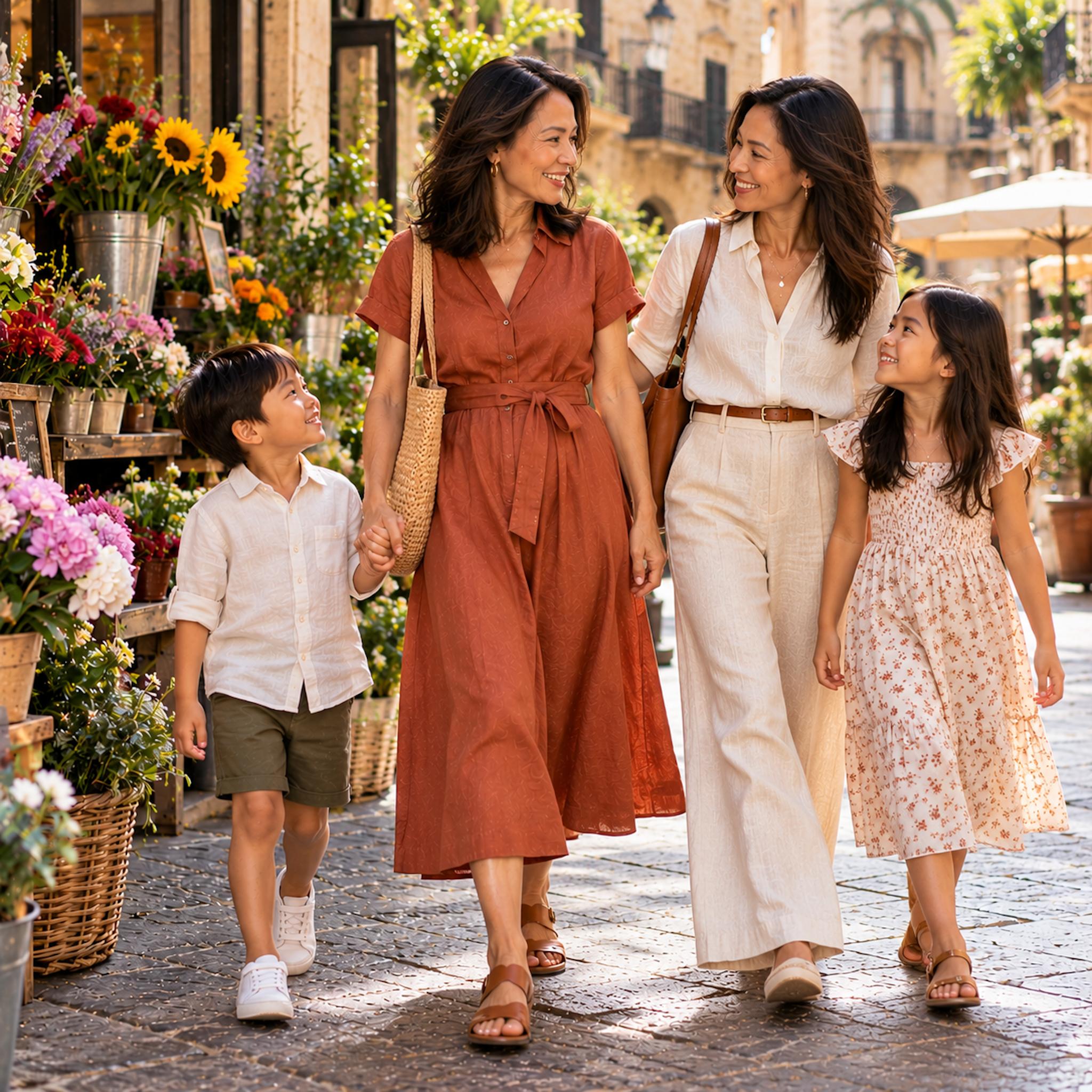 Two Asian women and two children walking past a Barcelona flower market, with one woman wearing a terracotta belted shirtdress and flat sandals