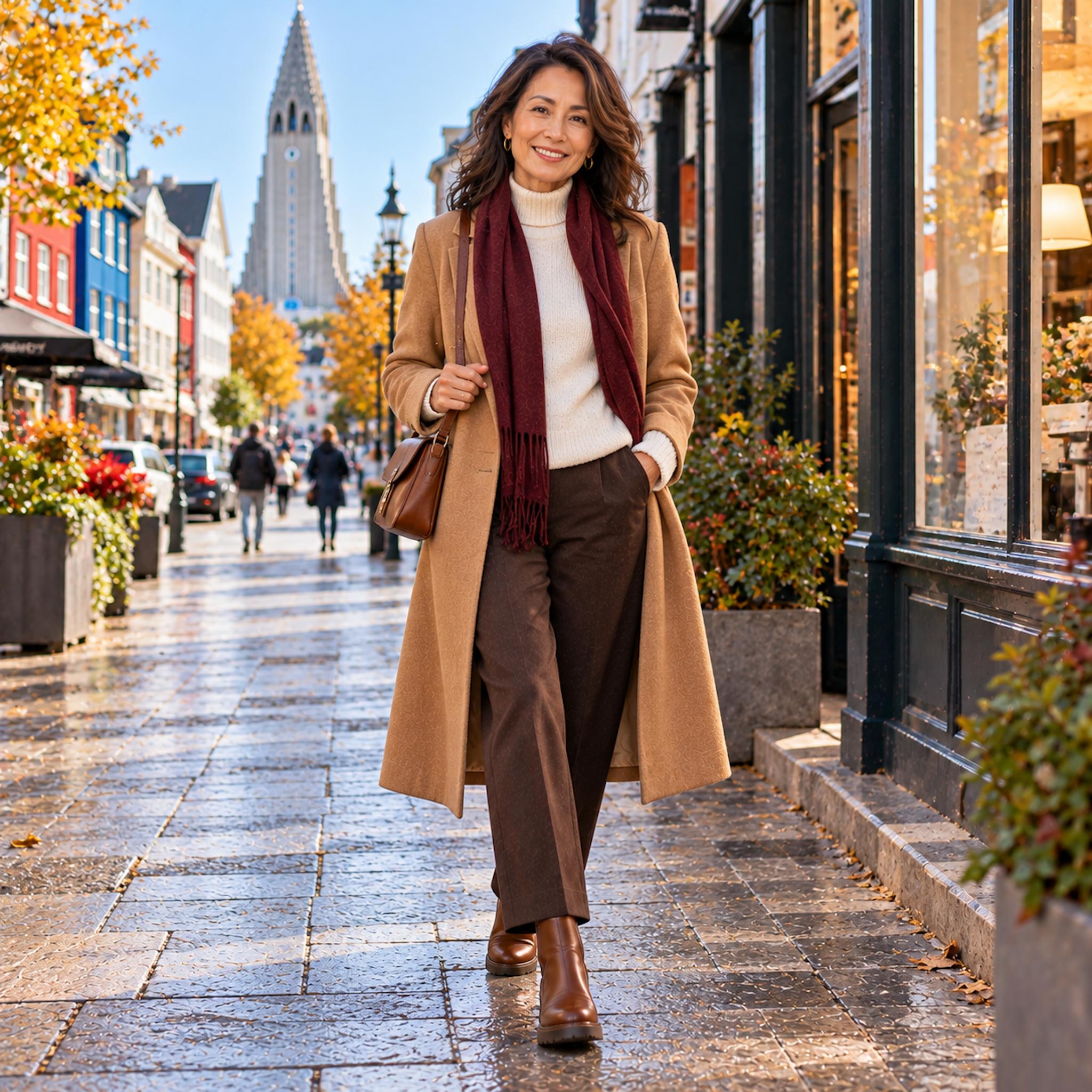 Brunette woman in a camel wool coat, ivory turtleneck, burgundy scarf, brown trousers, and leather walking boots on a Reykjavík street