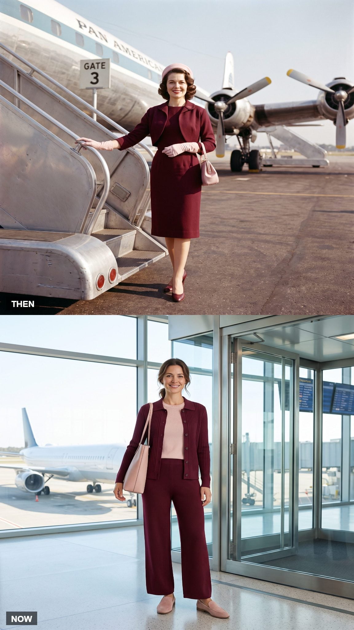 Vintage burgundy and pale-pink tailored outfit compared with a modern burgundy knit travel ensemble