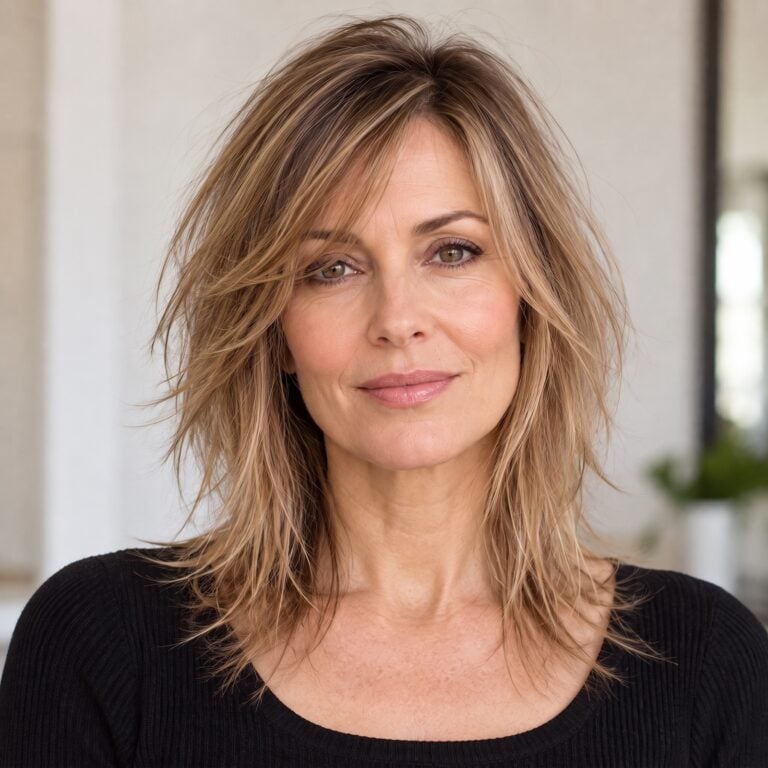 45-year-old woman with fine, over-layered shoulder-length hair and wispy, see-through ends