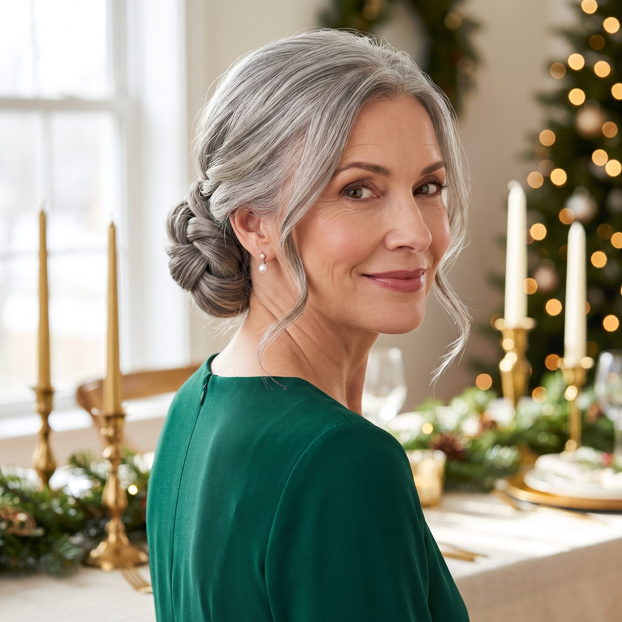 Pewter hair arranged in a low interlocked knotted bun