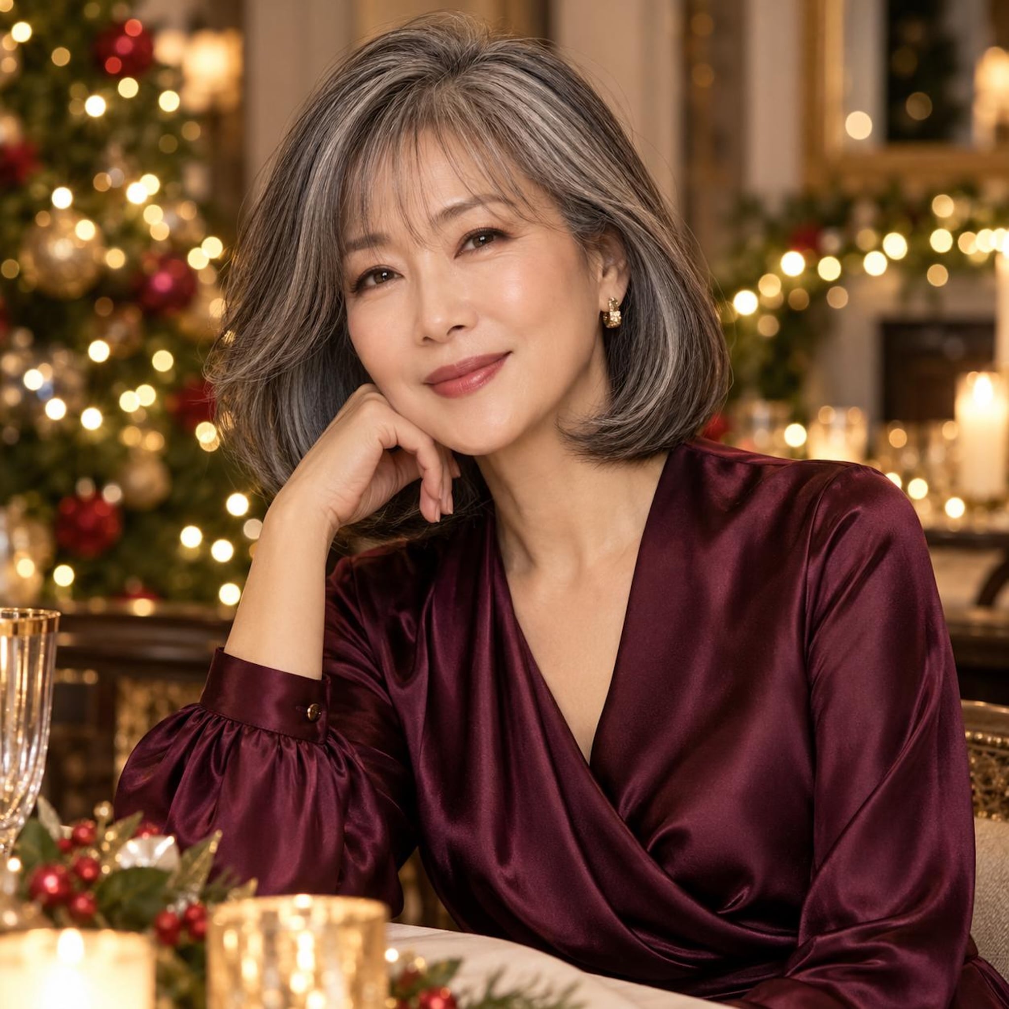 Silver-and-charcoal C-curve lob with wispy fringe at a holiday gathering