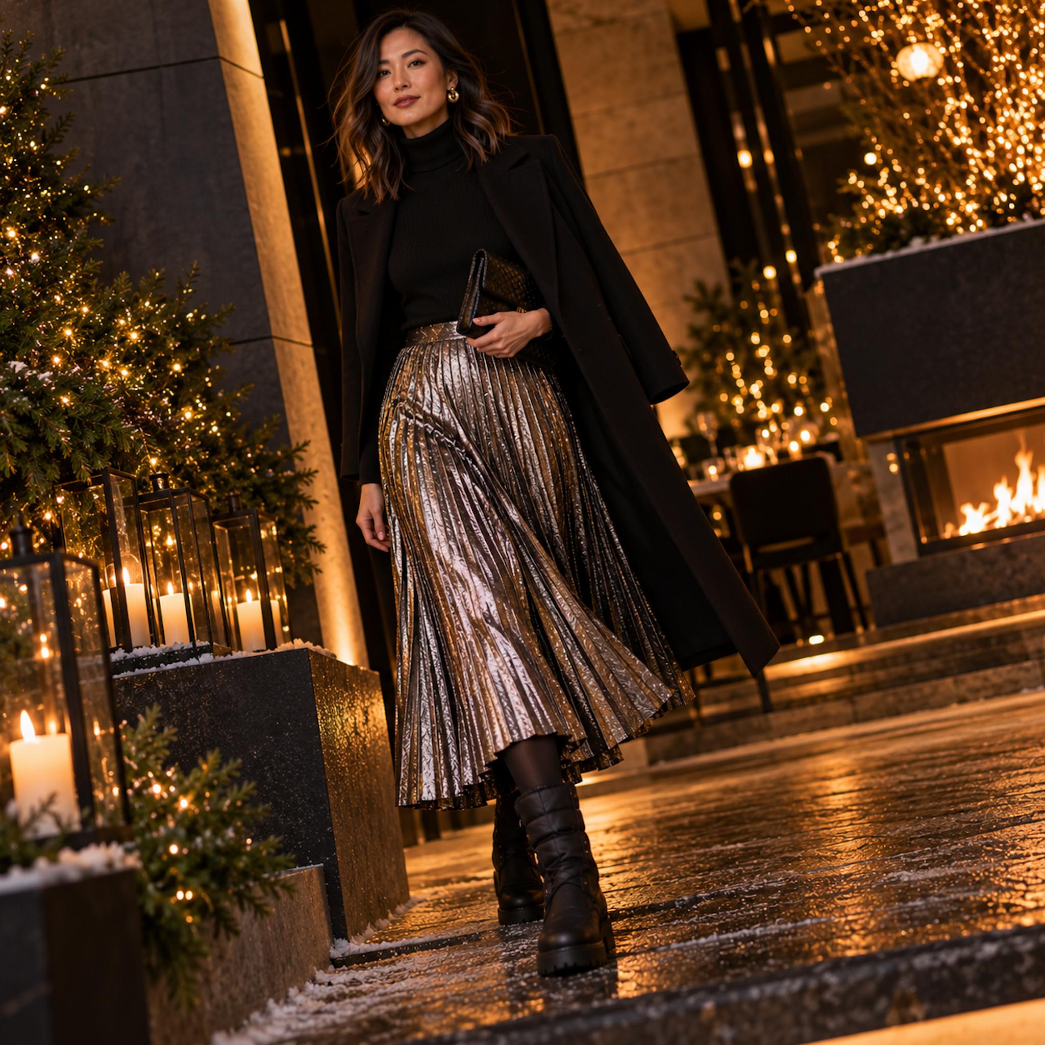 Asian woman wearing a silver metallic pleated midi skirt, black evening layers, and substantial black lace-up winter boots